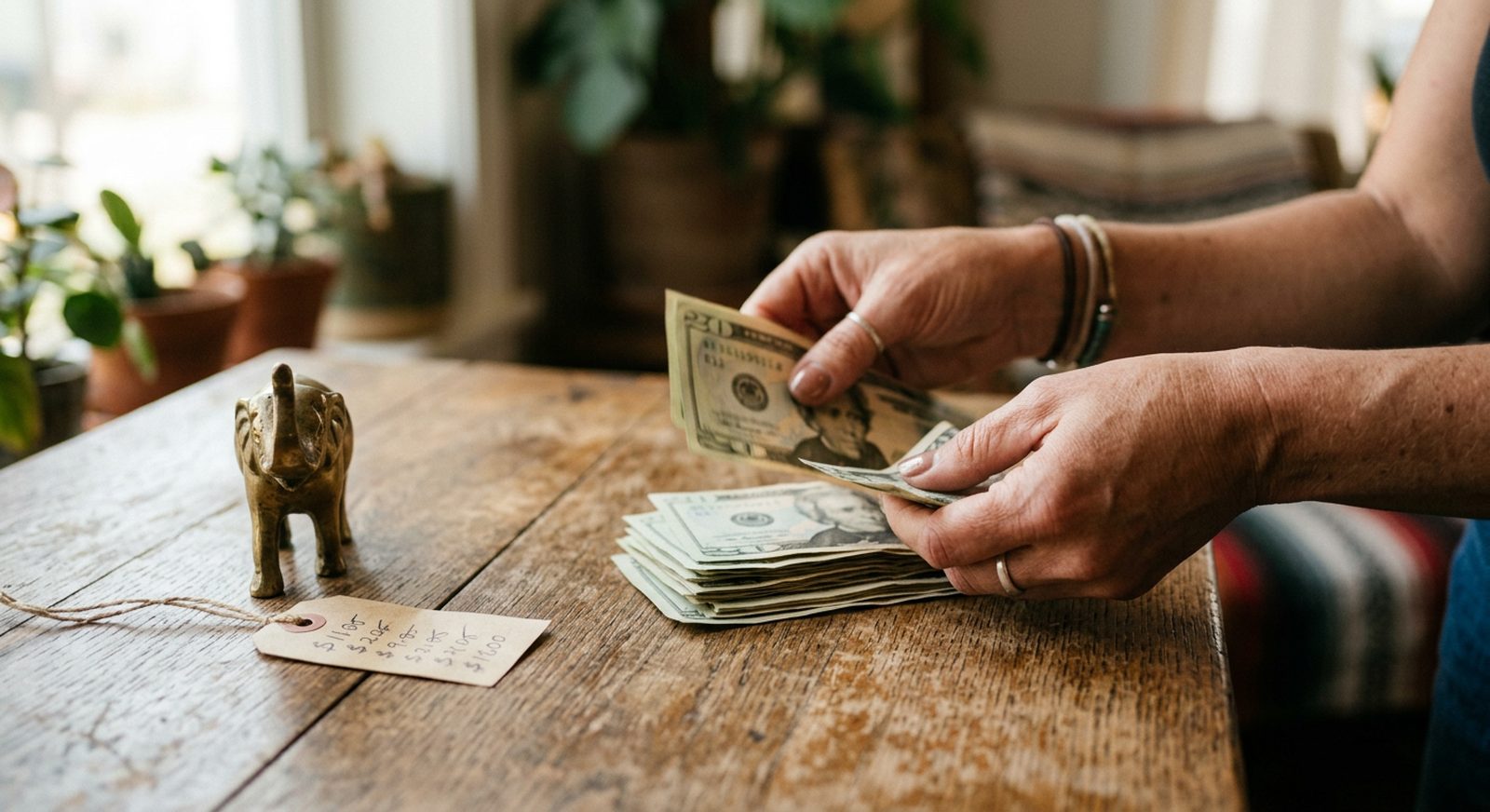 Hands counting folded twenty-dollar bills over a wooden table with a small brass figurine