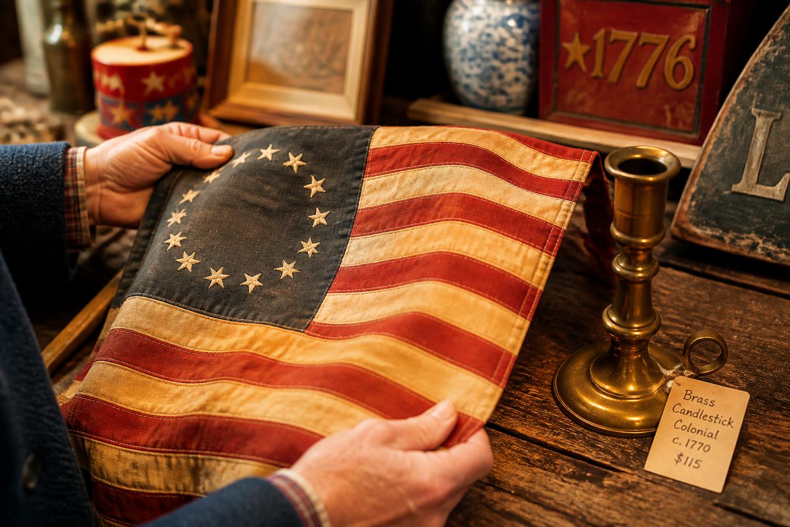 Hands holding an antique American flag textile beside a colonial brass candlestick and a "1776" folk art sign at an estate sale