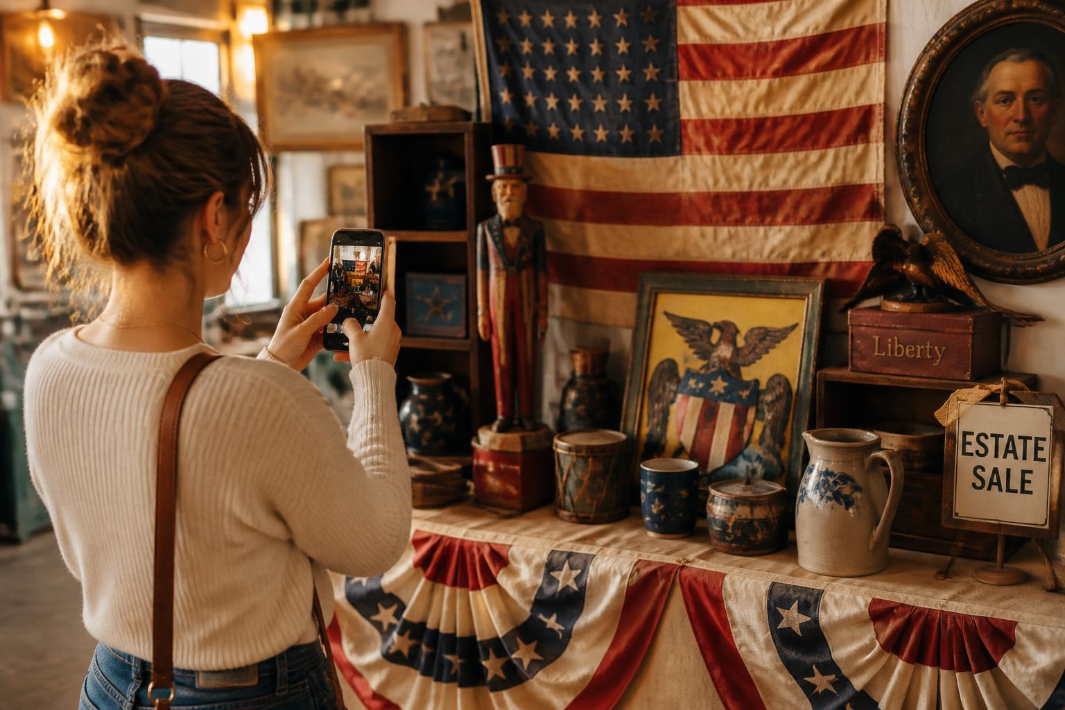 A reseller photographing vintage patriotic Americana — an antique flag, bunting, an eagle plaque, and an Uncle Sam figure — with a smartphone at an estate sale