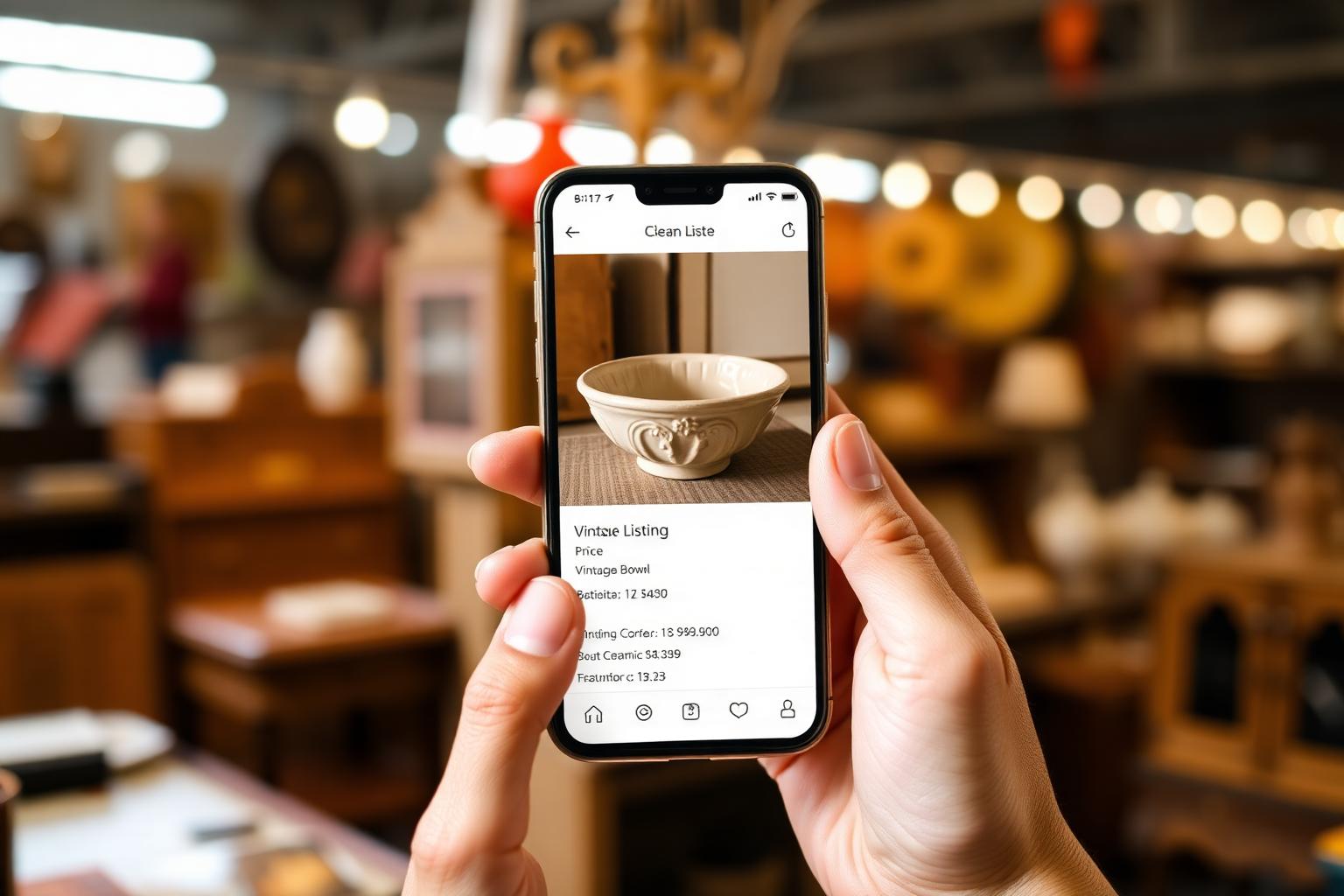 A person's hands holding a smartphone showing a clean listing screen with a vintage ceramic bowl, a price, and a booth number displayed. A warm antique mall booth is softly visible in the background.
