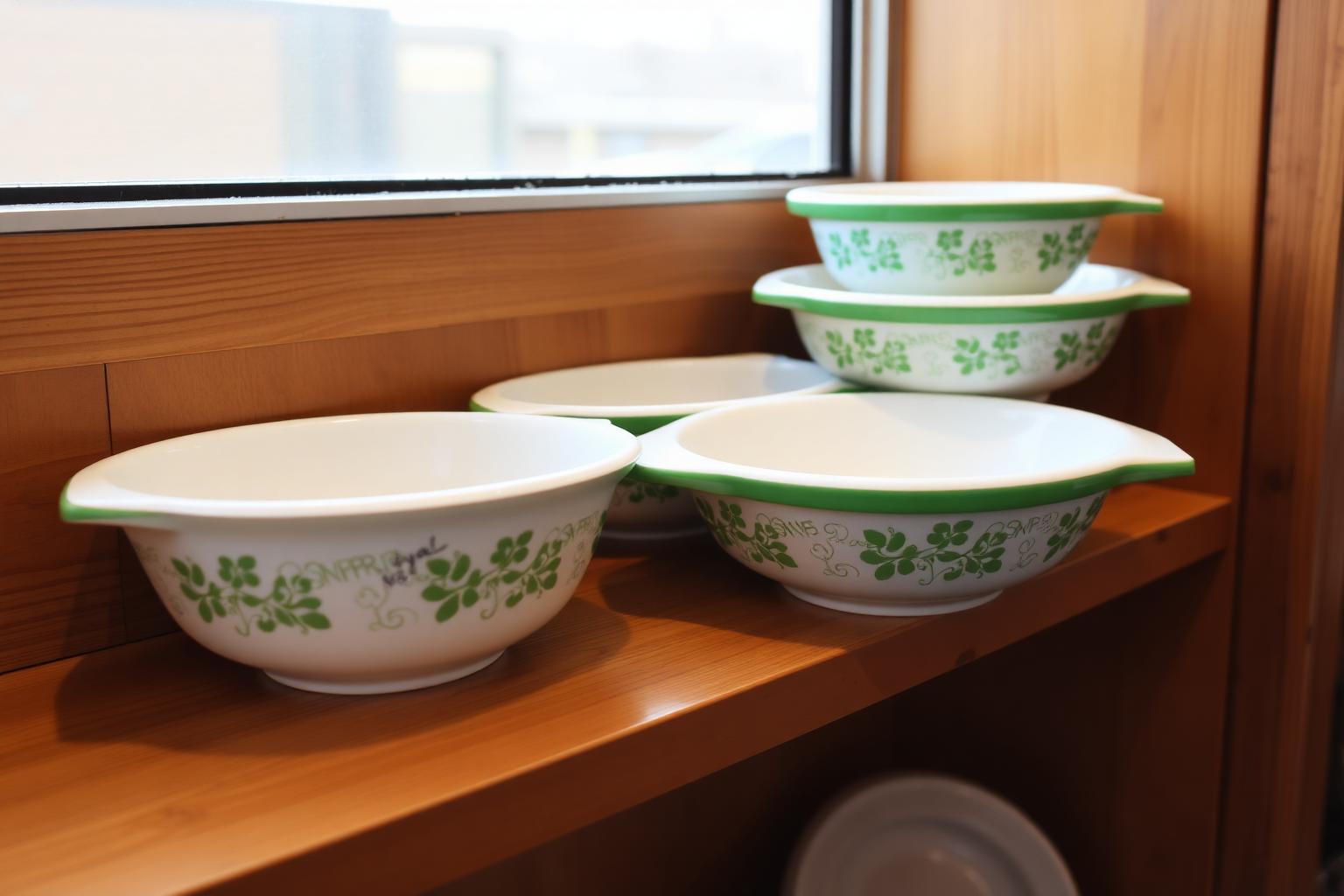 A set of vintage Pyrex bowls in the Spring Blossom pattern arranged on a wooden booth shelf — green and white, slightly worn, authentic. A small handwritten price tag visible on one bowl.