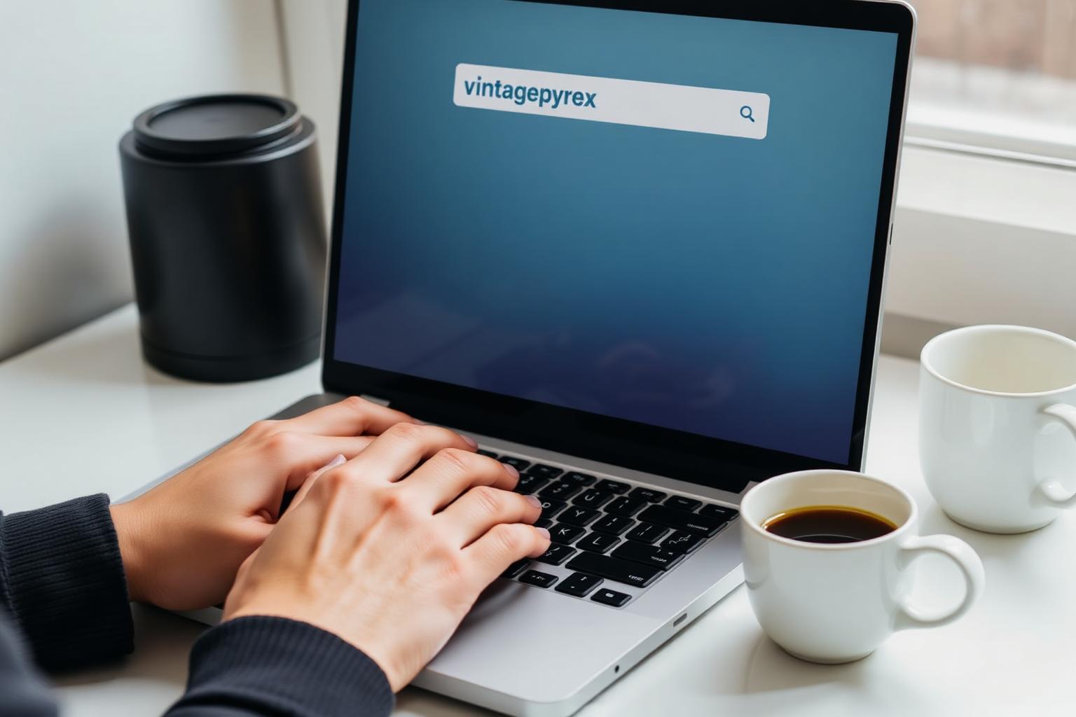 A person's hands typing on a laptop keyboard with 'vintage pyrex near me' visible on the search bar on screen. A coffee cup nearby on a white desk.