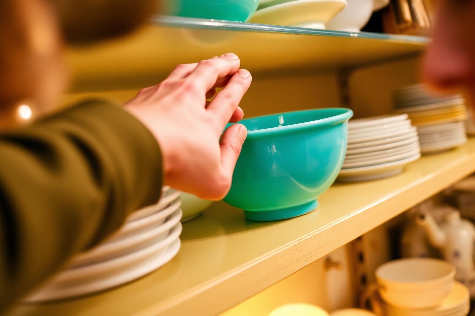 A buyer's hand reaching for a piece of vintage glassware on a booth shelf — a turquoise Pyrex bowl — with a slight smile visible on their face at the edge of the frame. Warm antique mall lighting.
