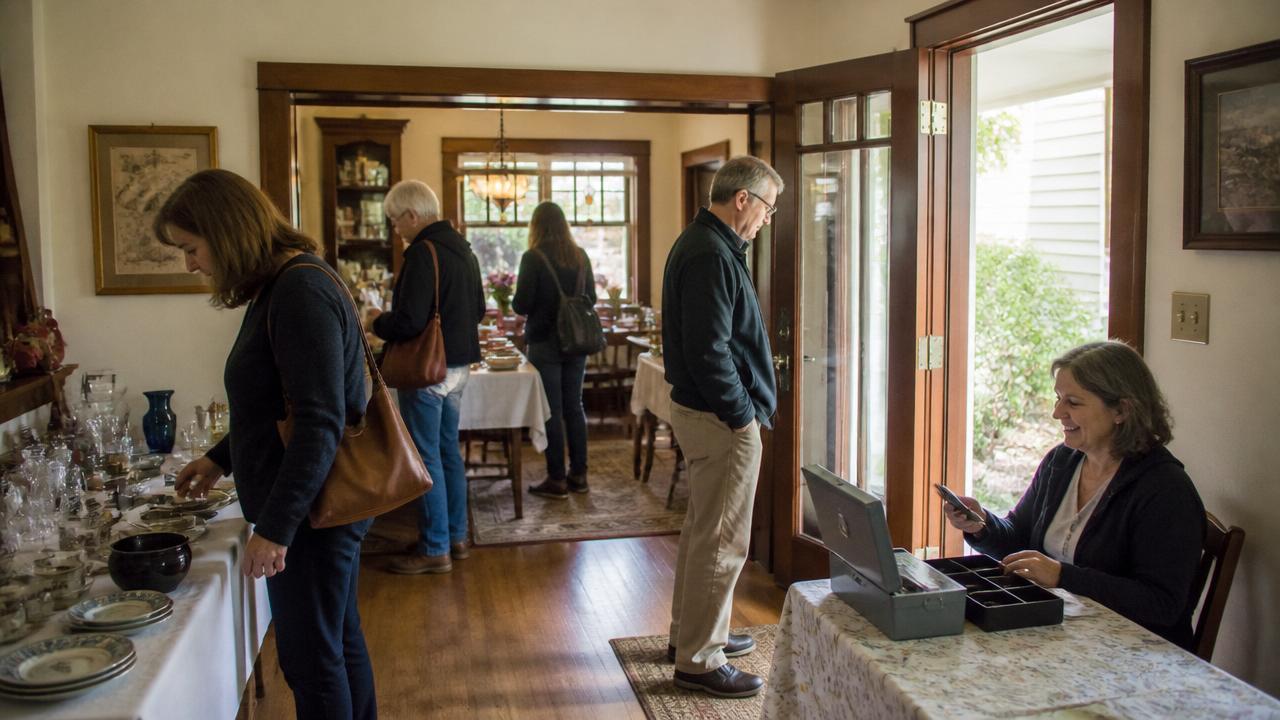 Estate sale day with shoppers browsing tables of goods and a person at a checkout table with a cash box and phone card reader