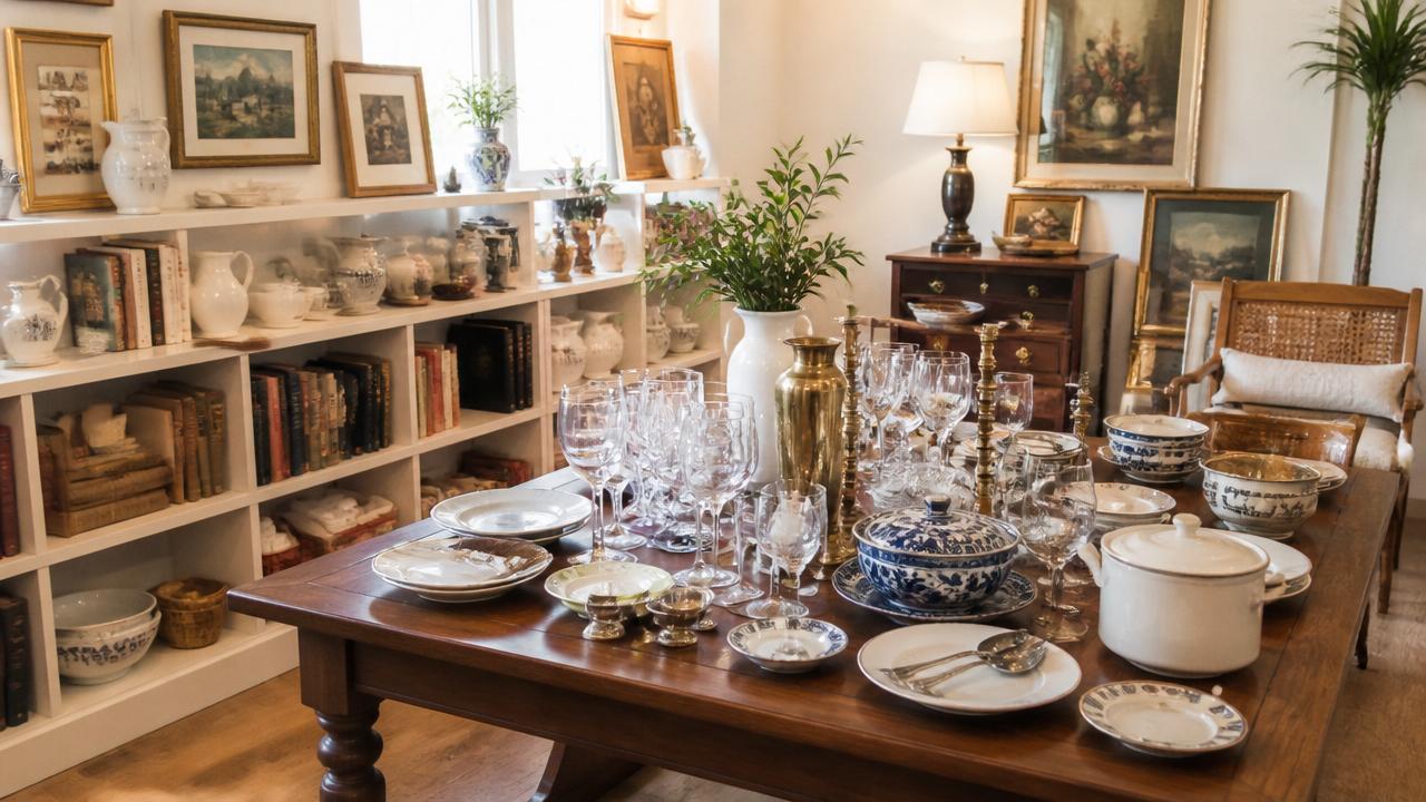A neatly staged estate sale inside a home with glassware and dishes grouped on a dining table and books lined on shelves