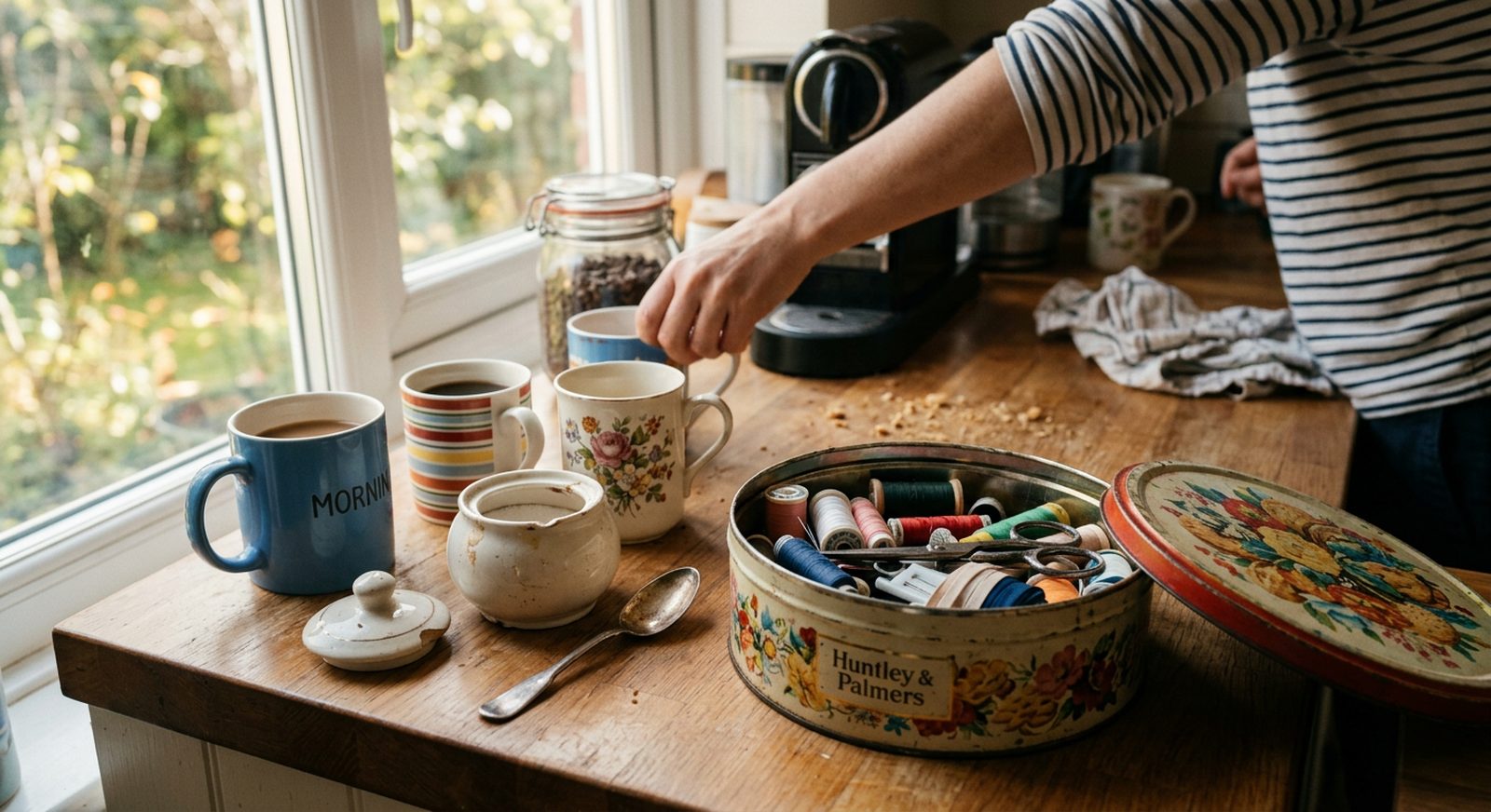 A kitchen counter with mismatched coffee mugs, a chipped sugar bowl, and an opened tin of sewing supplies