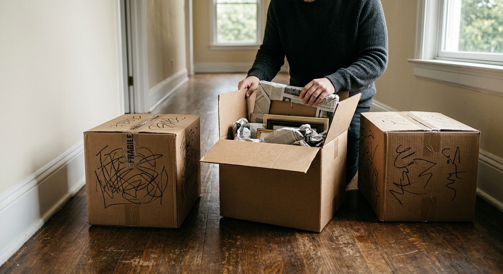 Three labeled cardboard moving boxes in an empty hallway, one open showing wrapped frames