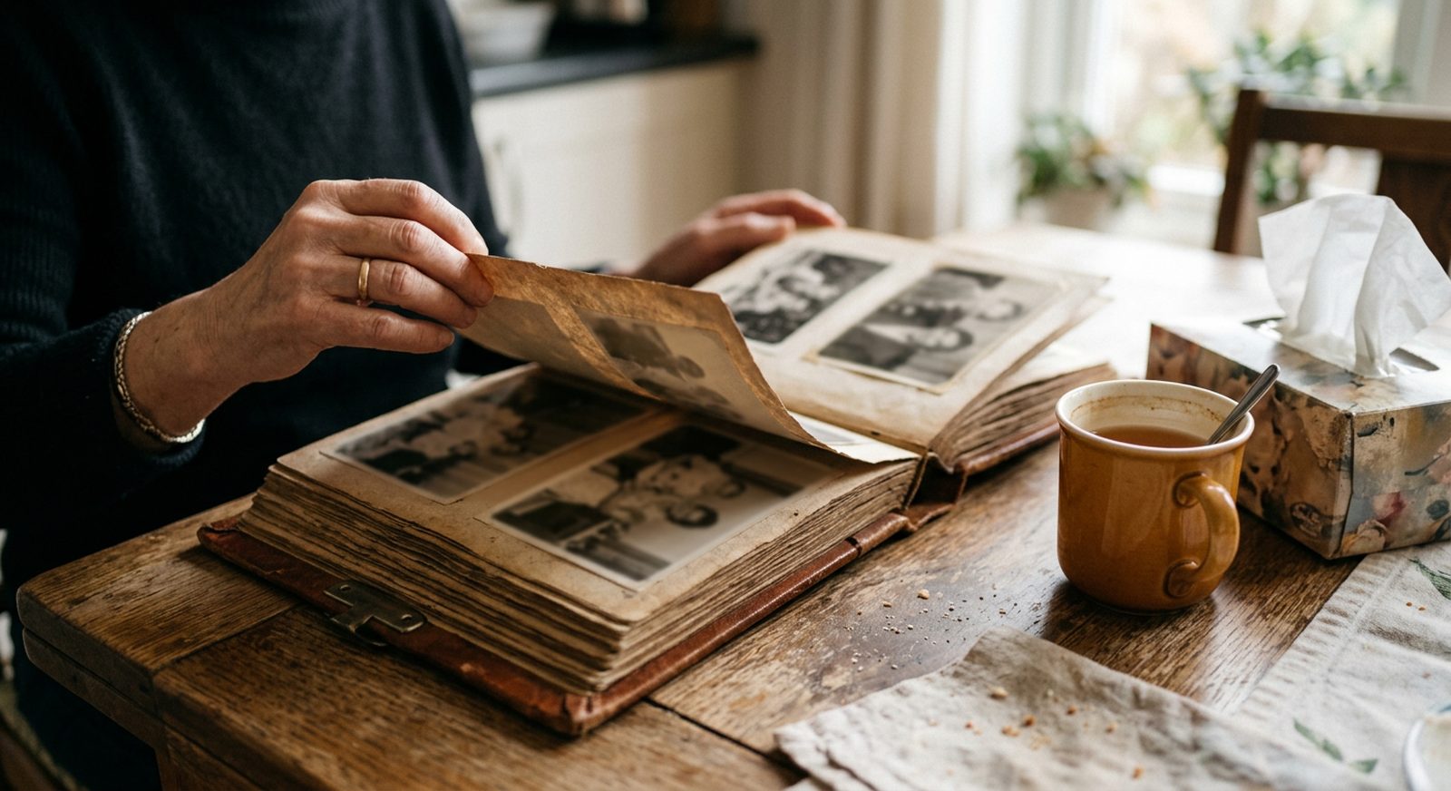Hands turning a page in an old leather photo album on a kitchen table beside a cup of tea