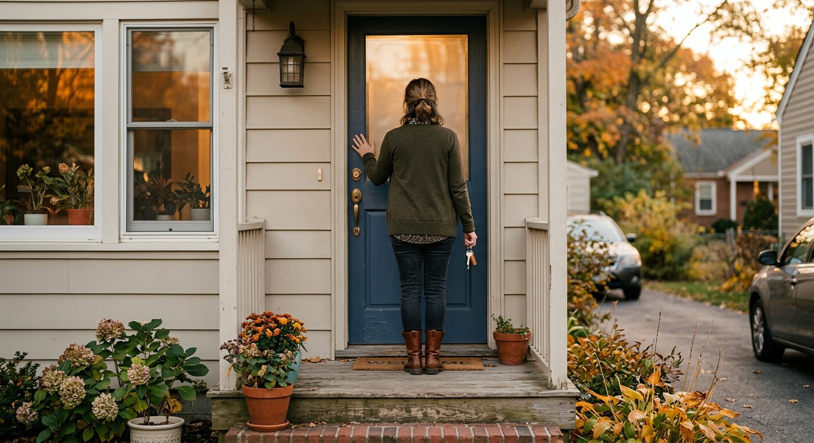 An adult standing on a suburban front porch with a hand on the closed front door, keys in the other hand