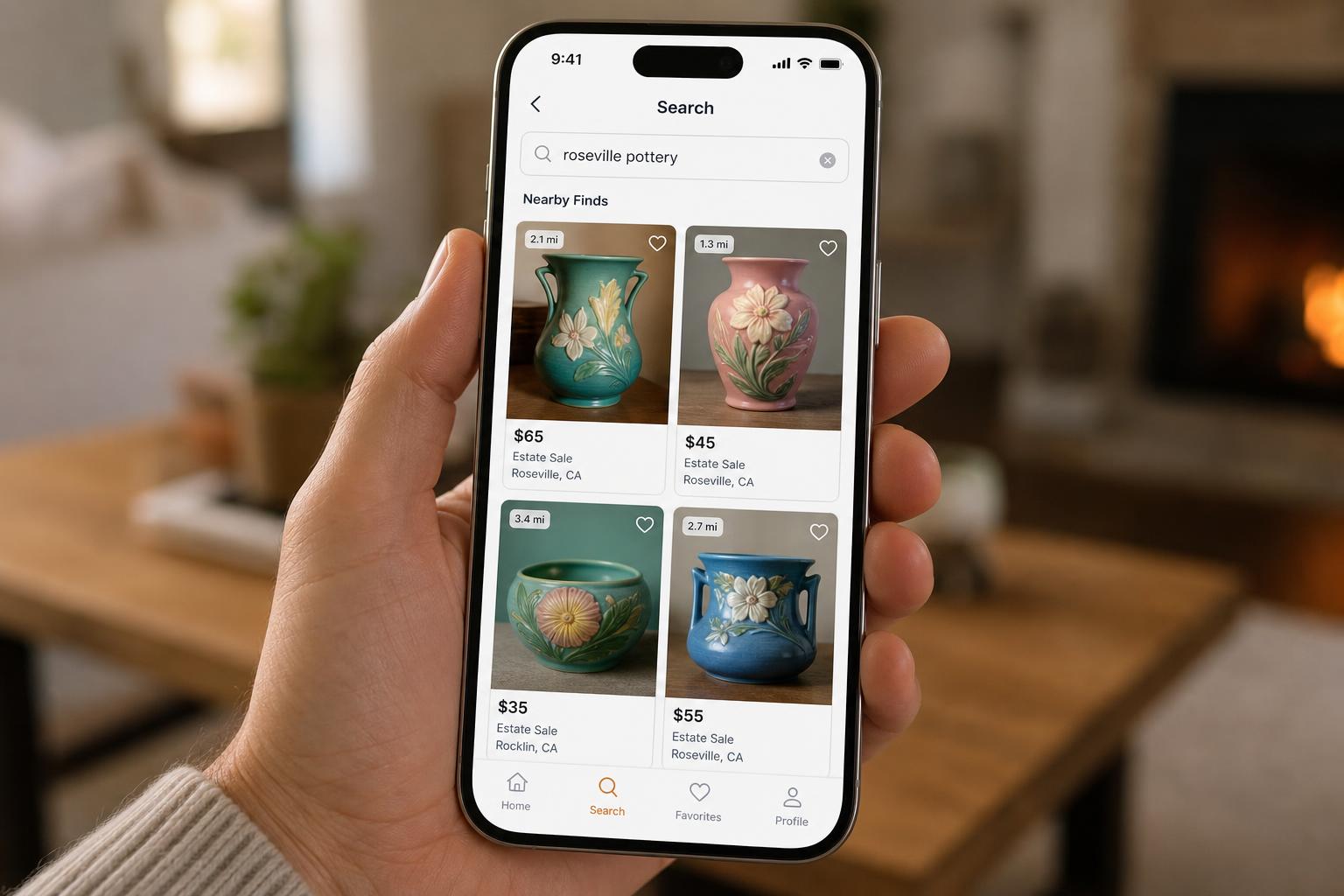 A phone showing a search for "roseville pottery" returning nearby estate-sale items with prices and distances.