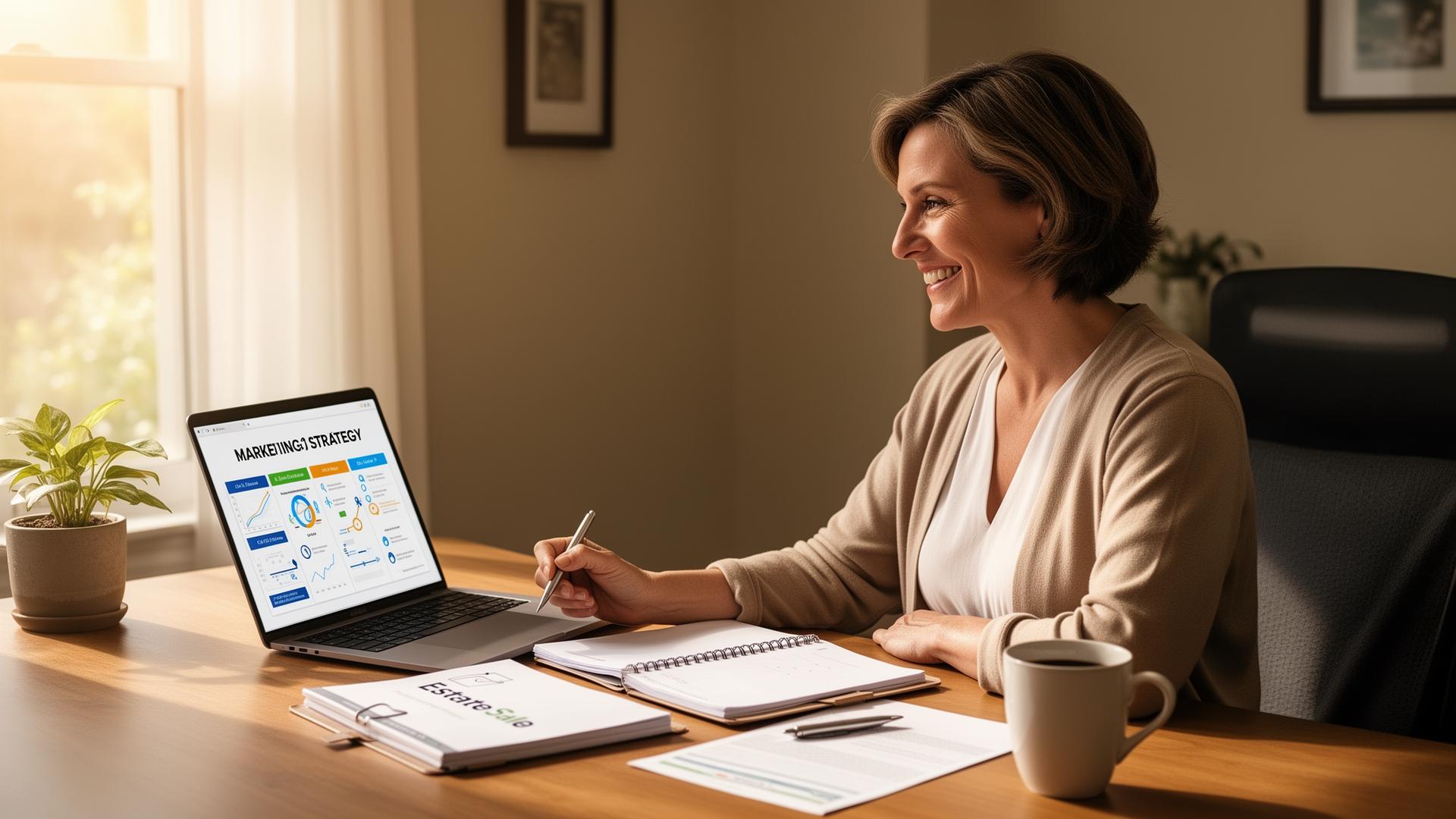An estate sale company owner reviewing a marketing strategy report on a laptop at a tidy desk, looking empowered and focused