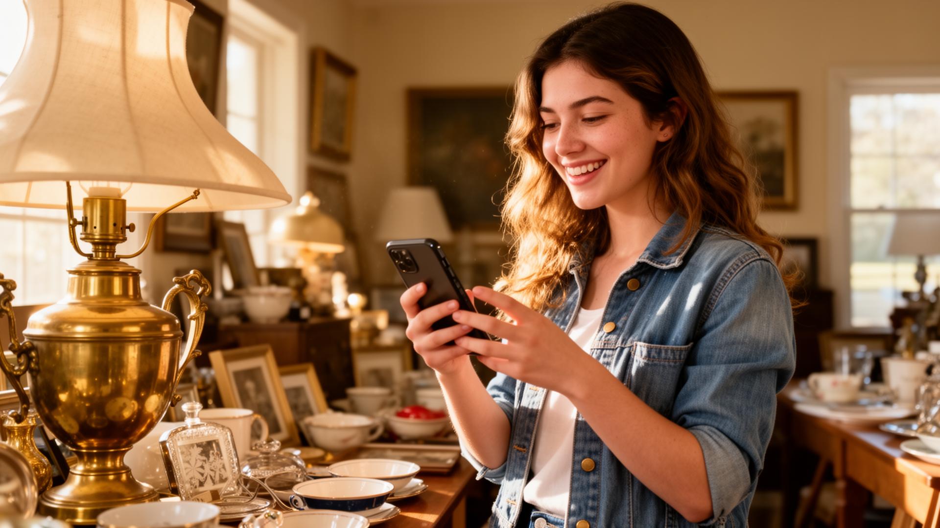 A young Gen Z shopper happily discovering a vintage brass lamp at an estate sale while browsing on her smartphone