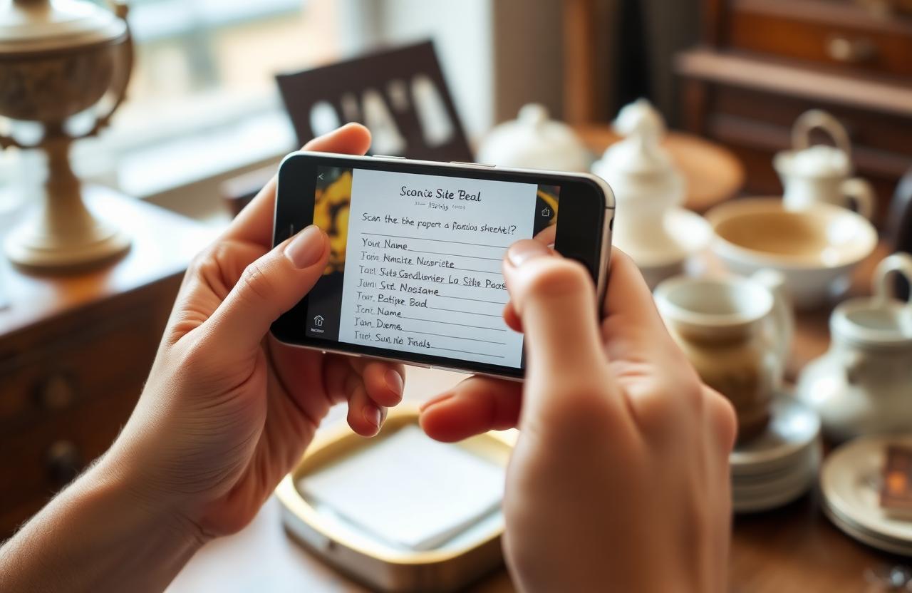 Hands using a phone to scan a handwritten email sign-up sheet at an estate sale, names being digitized automatically