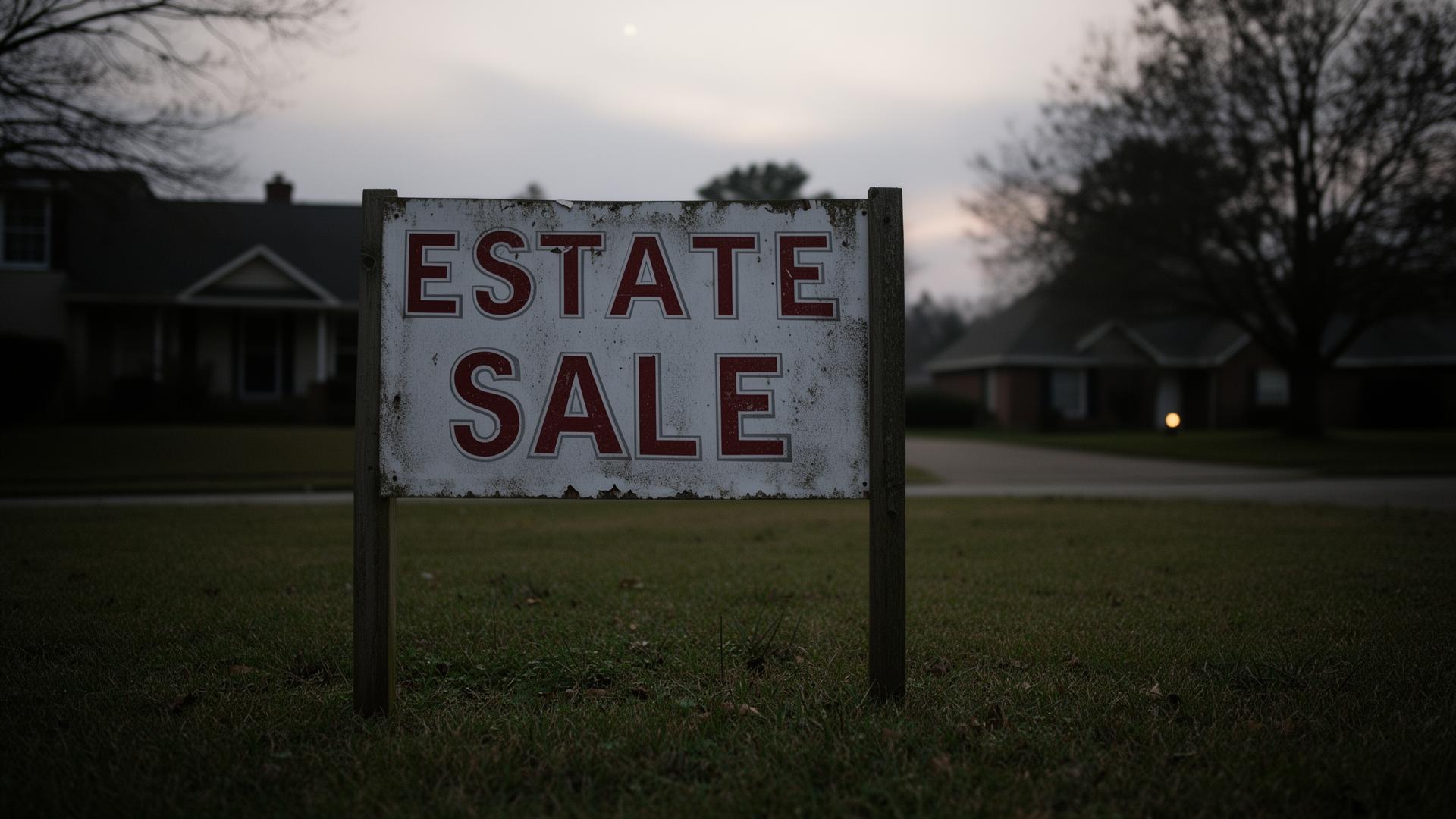 A single weathered estate sale yard sign on a quiet suburban lawn at dawn, symbolizing reliance on one aging marketing channel