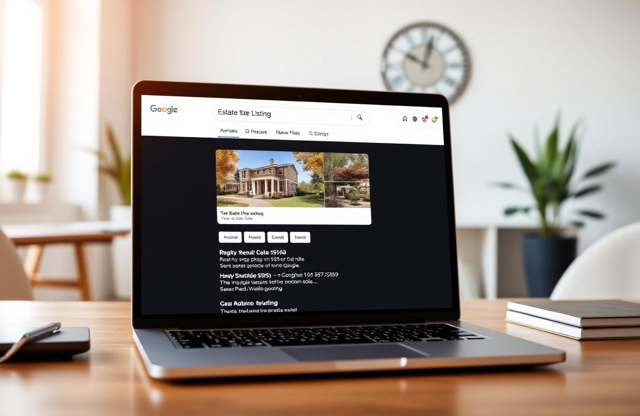 An estate sale listing ranking at the top of Google search results on a laptop in a bright office