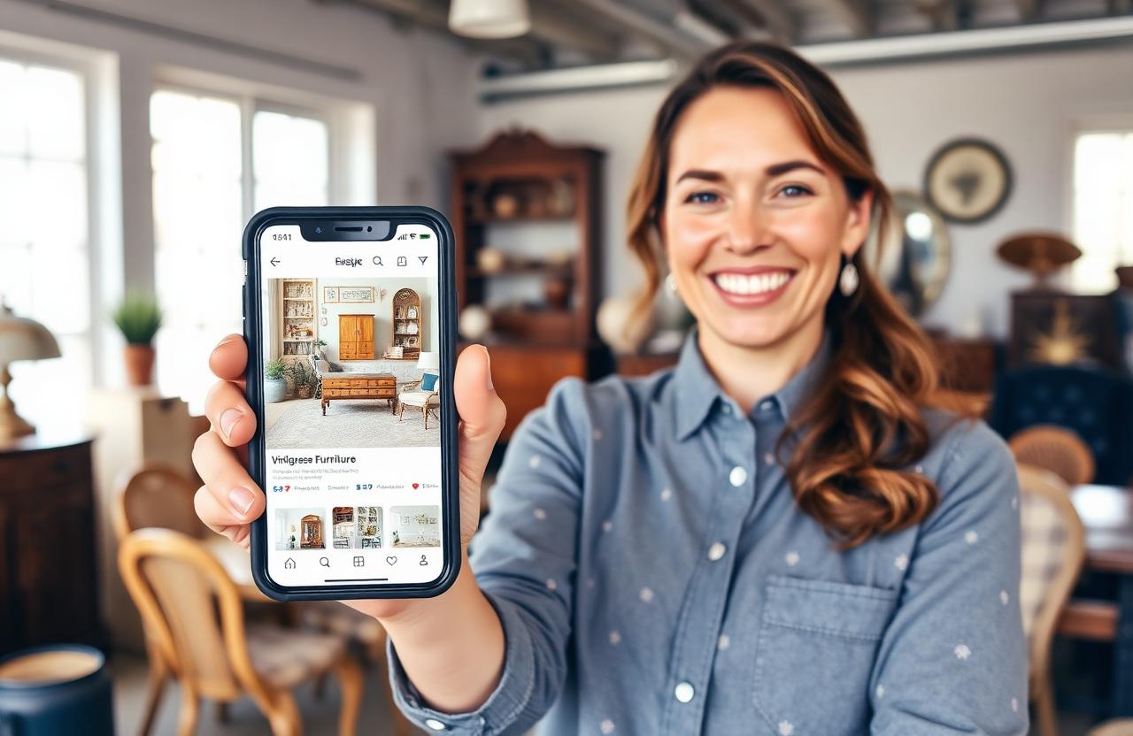 An estate sale company owner smiling while holding a phone showing a polished social media post of vintage furniture