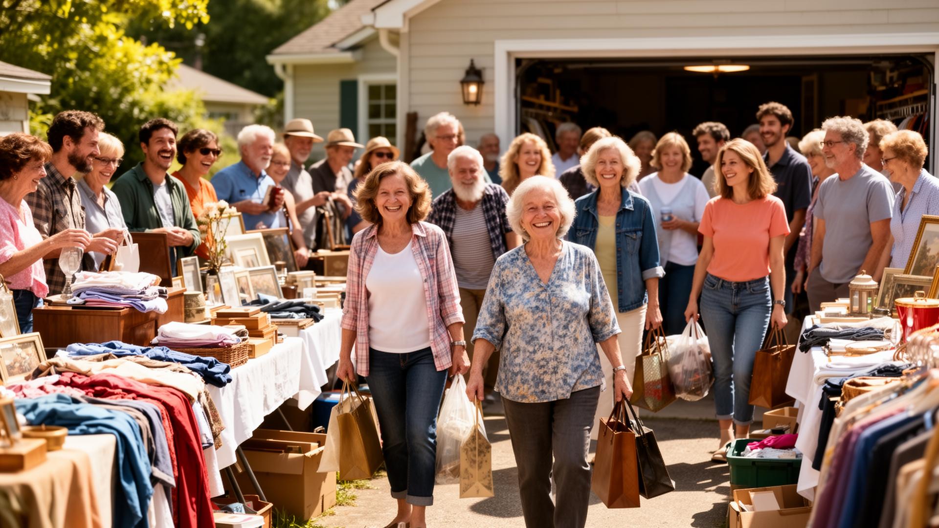 A thriving, busy estate sale with a happy, diverse crowd of all ages carrying purchases out the door on a sunny day