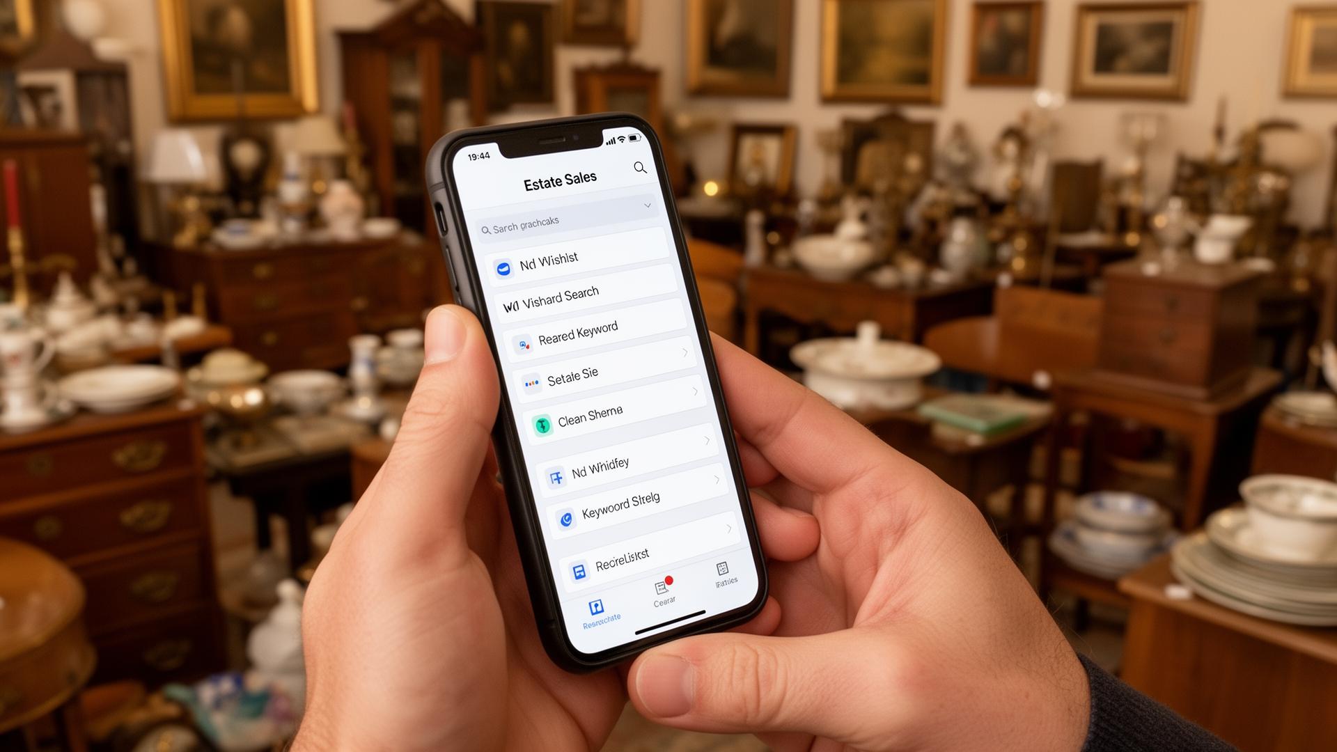 A close-up of hands holding a smartphone showing a wishlist and keyword search for estate sale items, surrounded by antiques