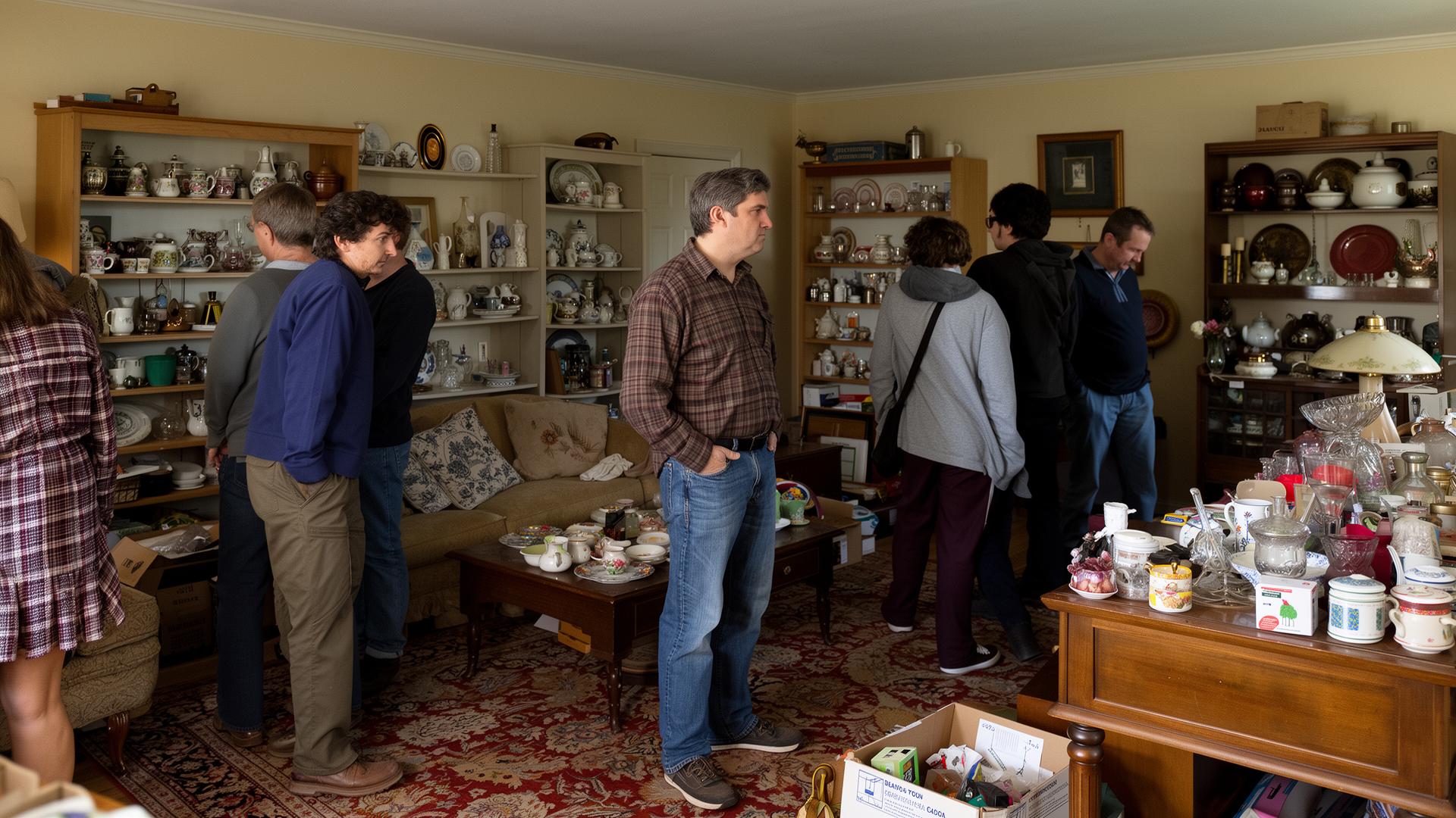 An estate sale living room full of people slowly browsing shelves of knick-knacks with their hands in their pockets, nobody carrying purchases