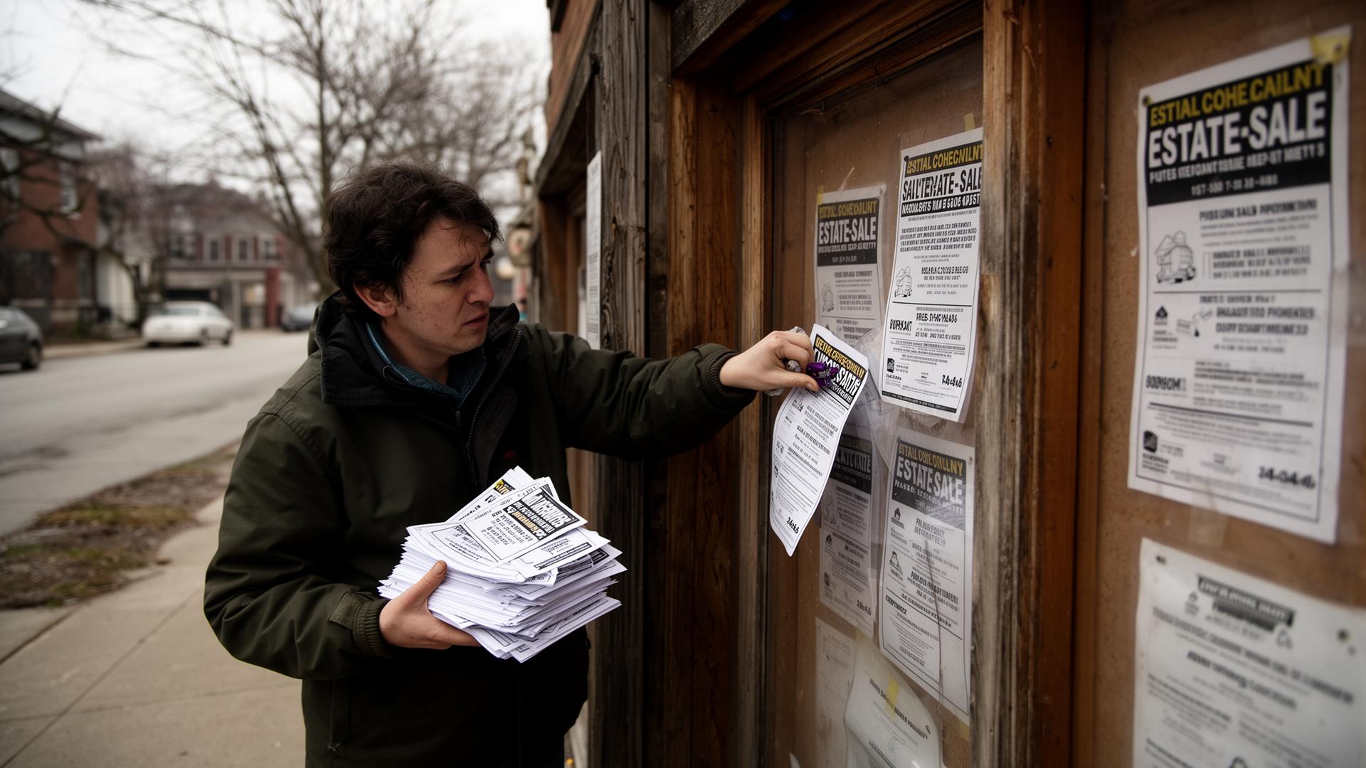 A person stapling a paper estate-sale flyer to a wooden community bulletin board on an overcast day, holding a stack of more flyers