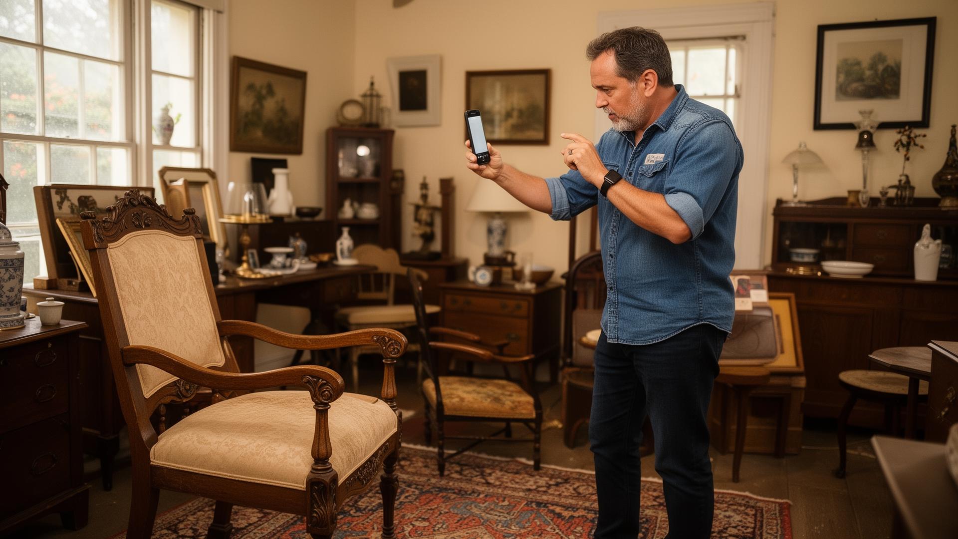 An estate sale company owner photographing a vintage chair with a smartphone to list it online, standing in a staged room full of antiques