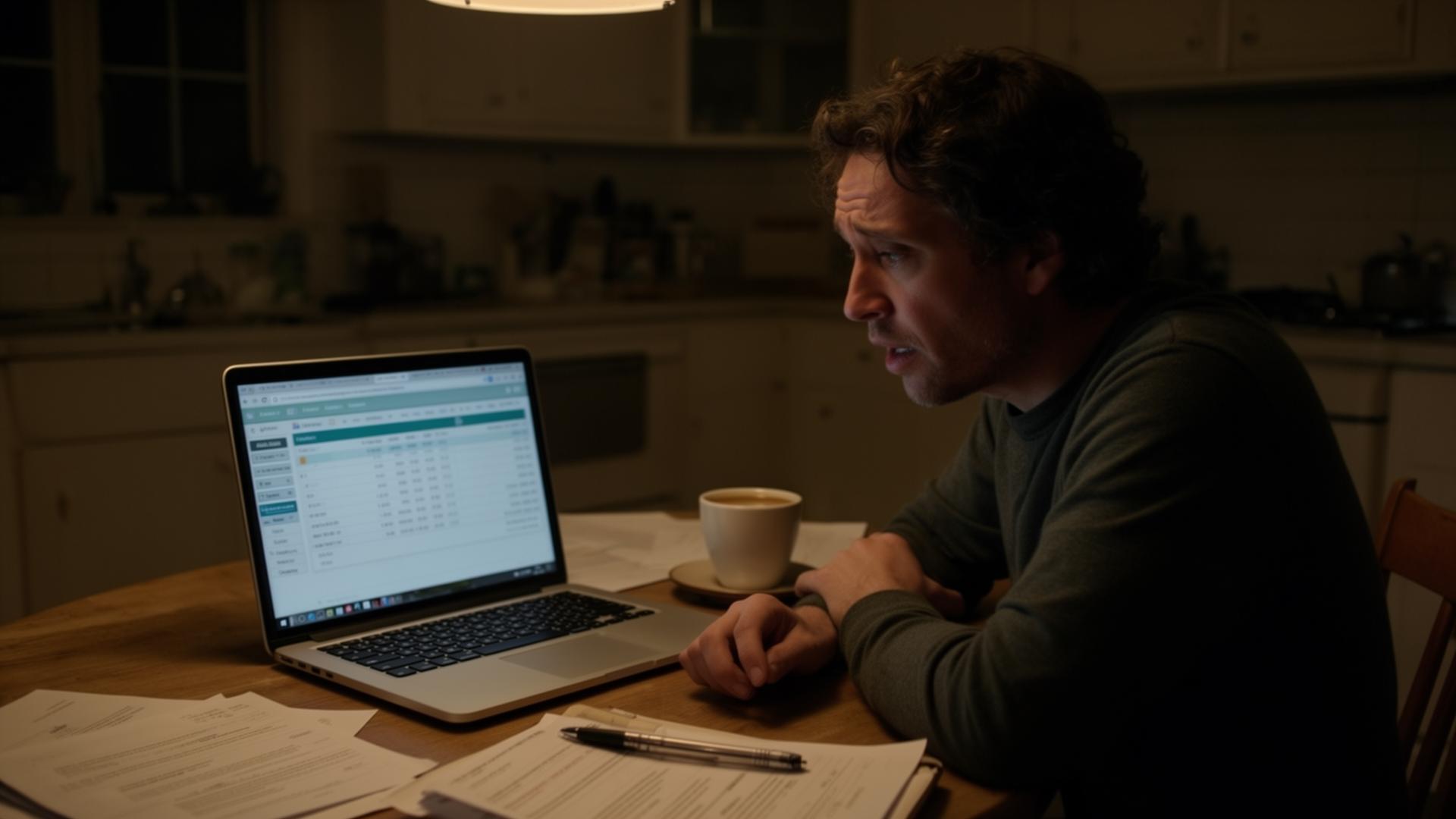 A frustrated small-business owner at a kitchen table at night looking at a confusing billing screen on a laptop, paperwork scattered around