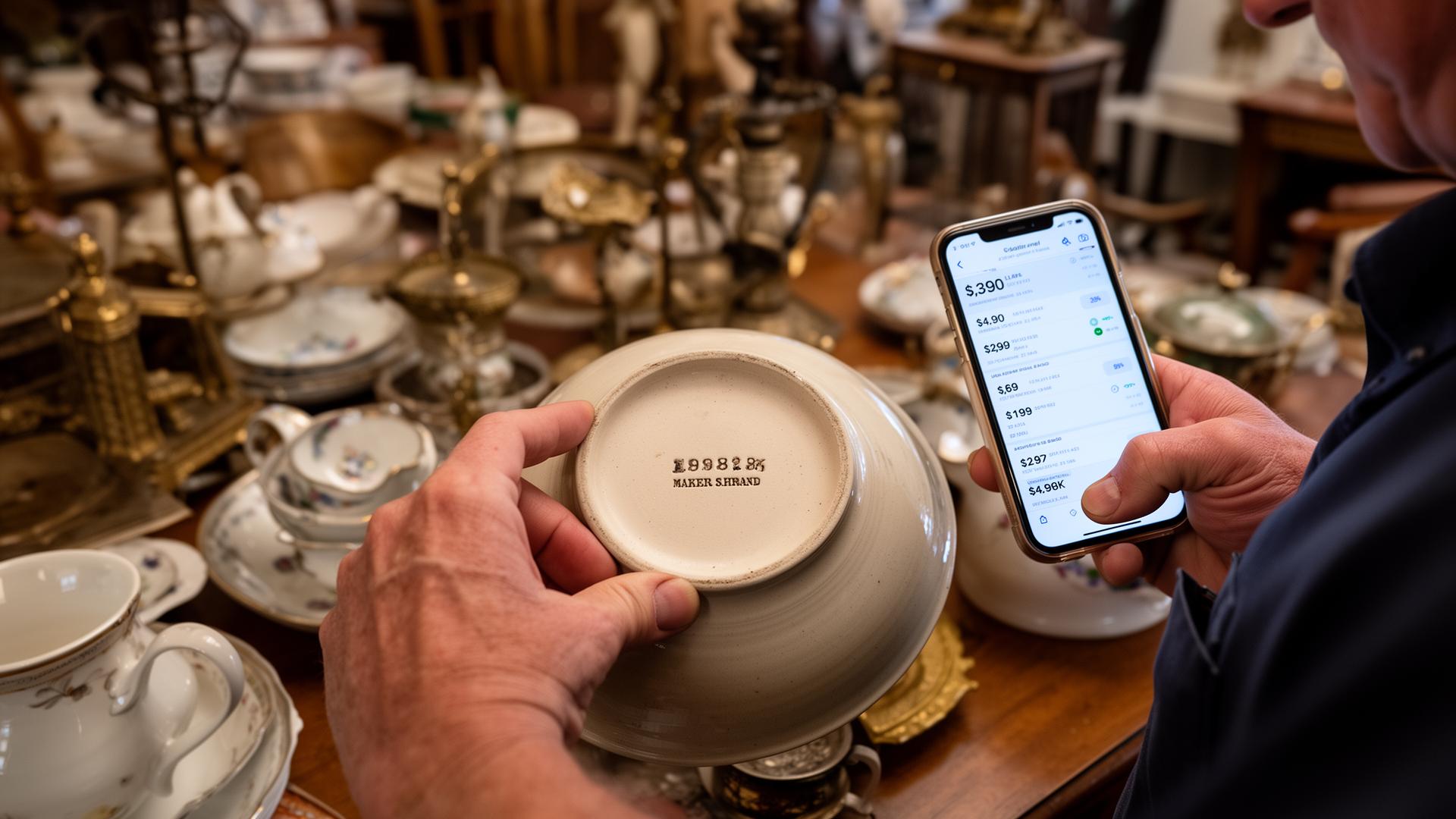 An estate sale worker turning over a piece of vintage pottery to read the maker's mark while checking real sold-price data on a smartphone