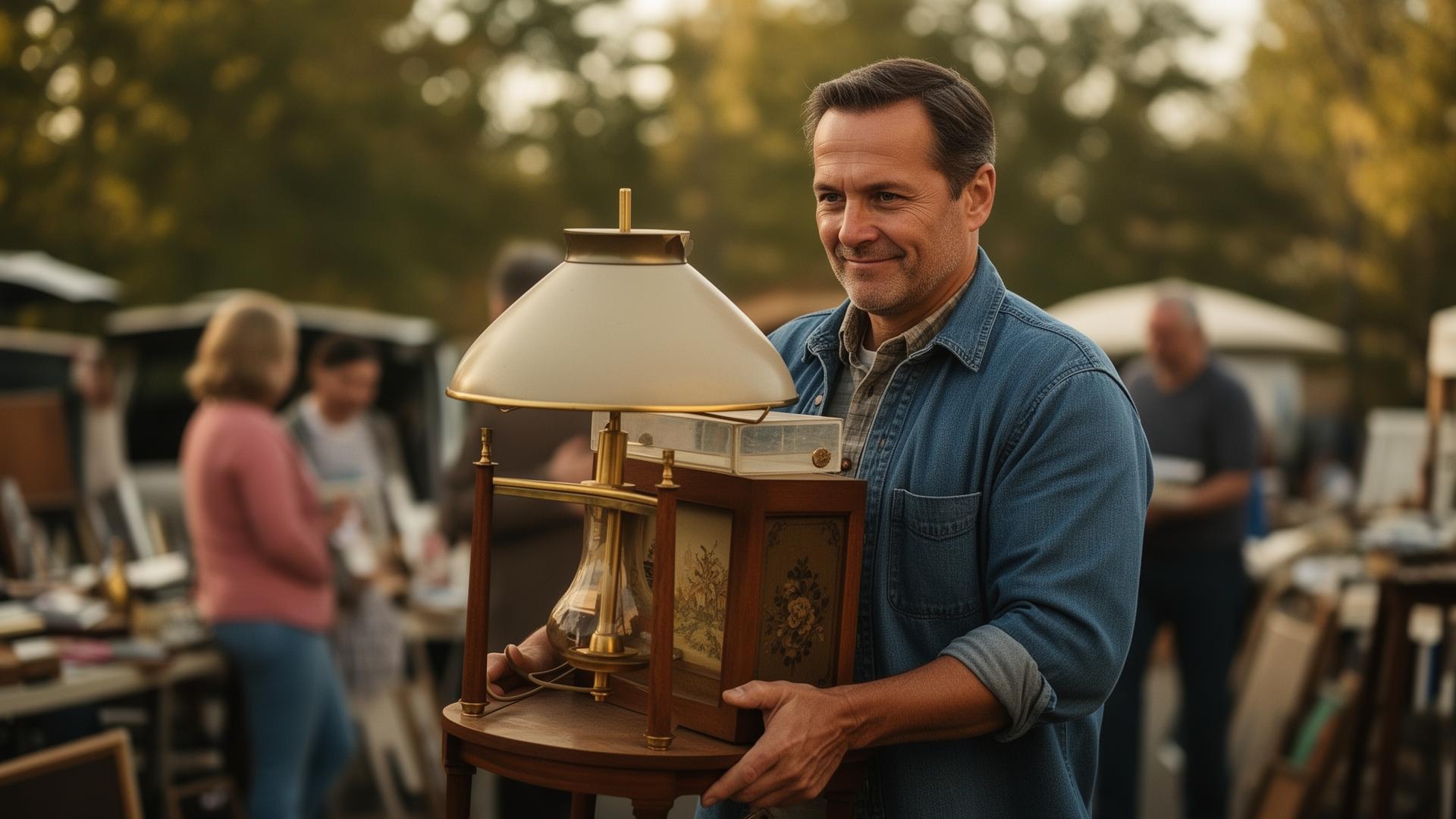 A happy collector carefully carrying a prized vintage brass lamp out of an estate sale with a satisfied expression, other shoppers blurred behind
