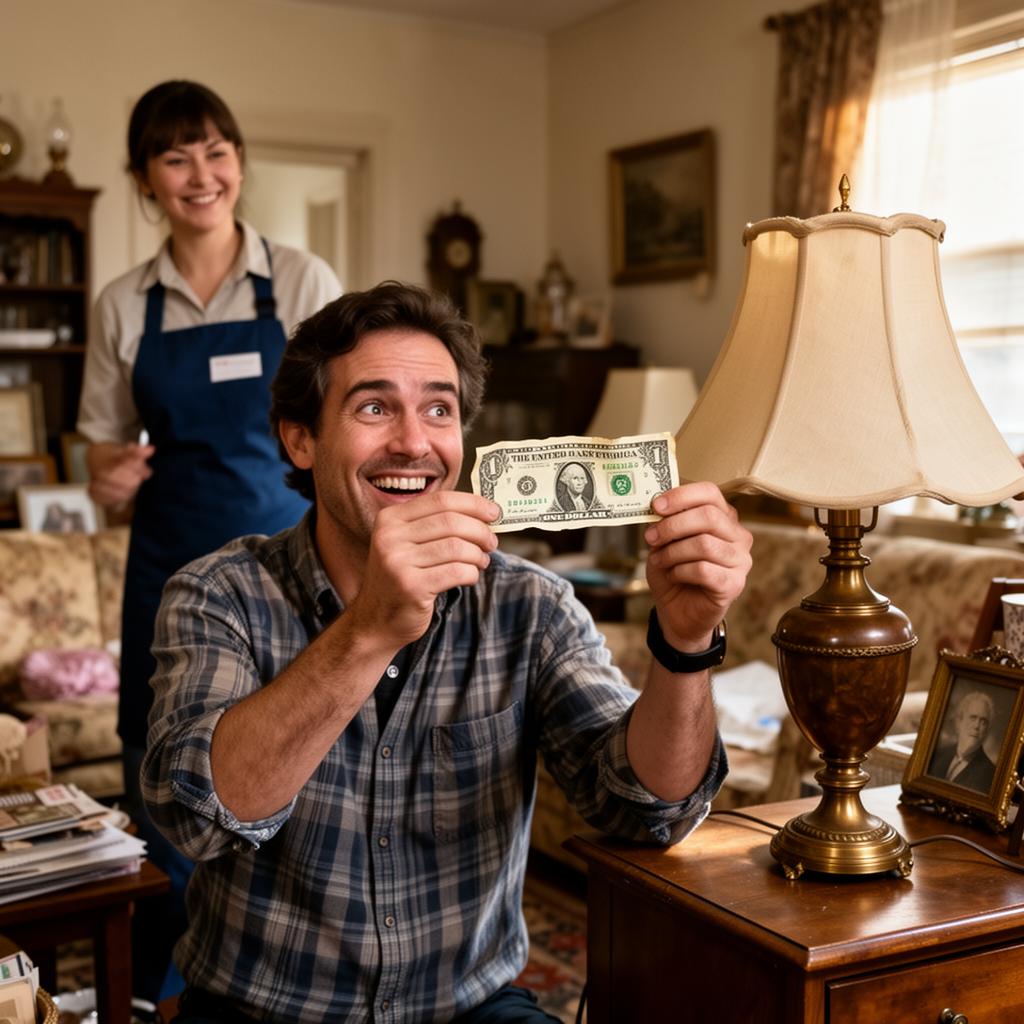 A grinning shopper holding up a single crumpled one-dollar bill, trying to haggle over a nice antique lamp while a staffer looks on, amused