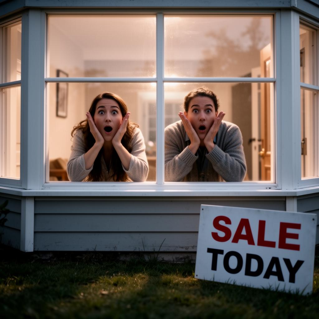 Two eager shoppers cupping their hands and peering through a front window before opening, a SALE TODAY sign on the lawn at dawn