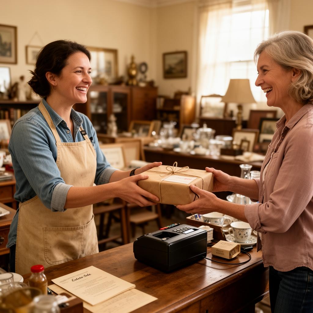 A cheerful estate sale staffer handing a wrapped purchase to a happy smiling customer at a checkout table