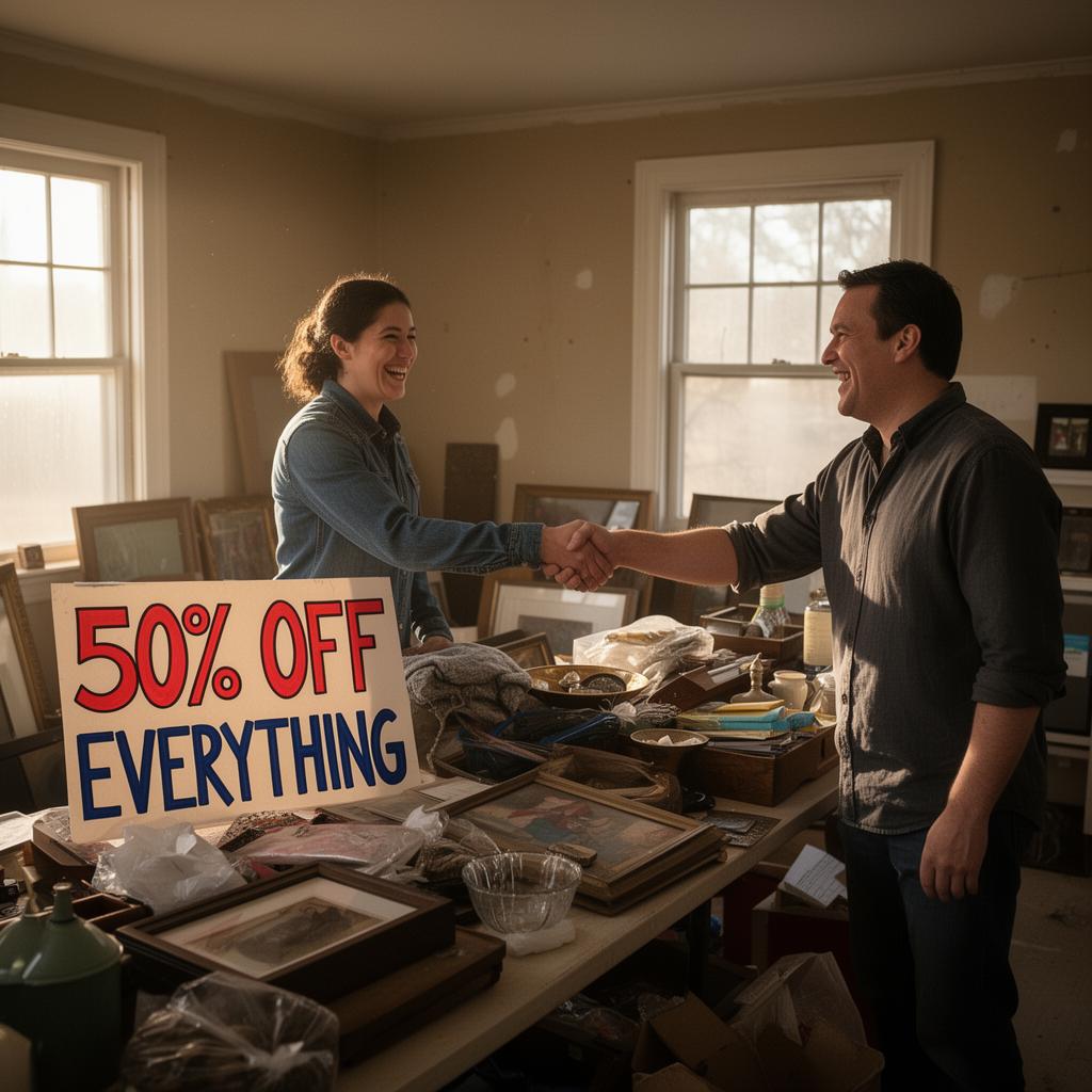 Last day of an estate sale: a bright 50% OFF EVERYTHING sign, a happy buyer and a friendly staffer shaking hands over a bulk deal in a half-empty house