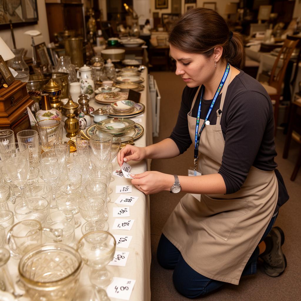 A friendly estate sale staffer in an apron carefully pricing vintage glassware with small handwritten tags on a table of antiques