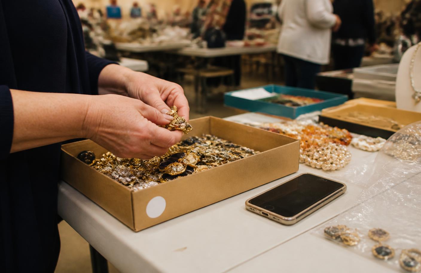 An estate sale shopper's hands sorting costume jewelry out of a shallow cardboard box on a folding table, with a phone beside the box