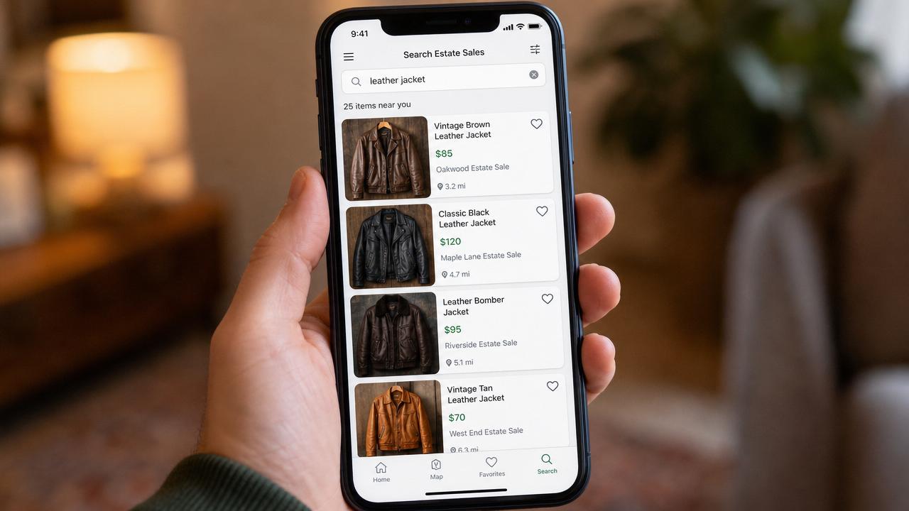 A phone showing a search for "leather jacket" returning nearby estate-sale items with photos, prices, and distances.