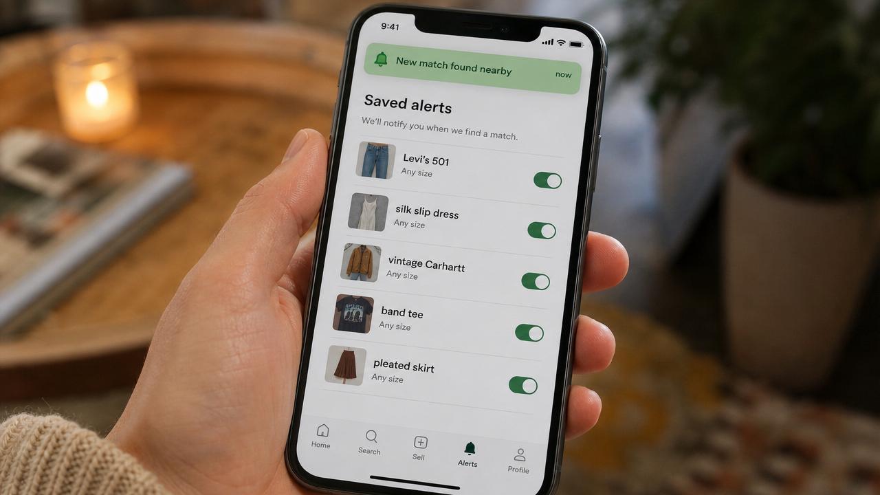 A phone showing a saved wishlist of clothing keywords with a "new match found nearby" alert at the top.