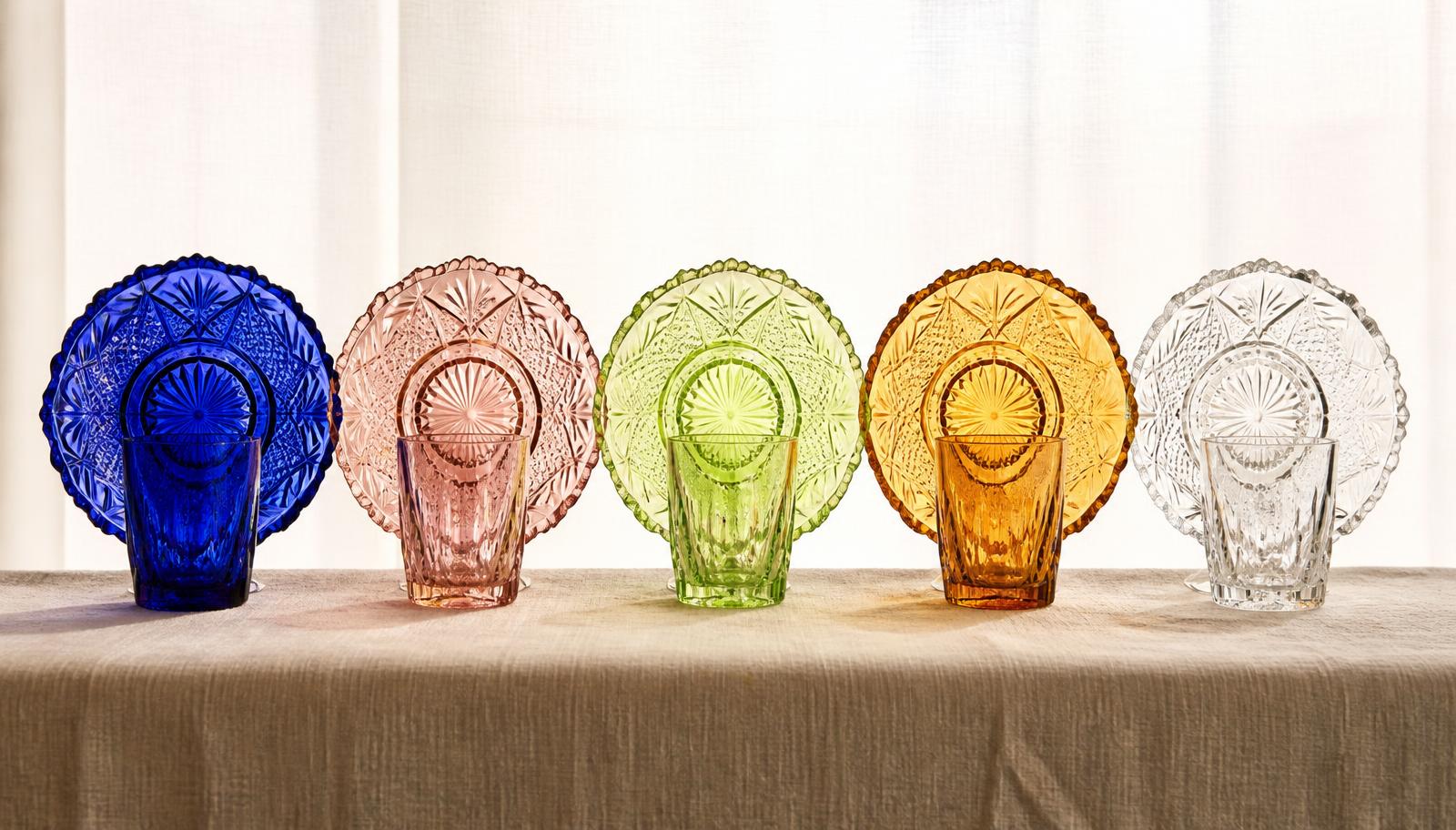 Five pressed glass plates and tumblers arranged in a row on linen and backlit — cobalt blue, pink, yellow-green, amber and clear crystal