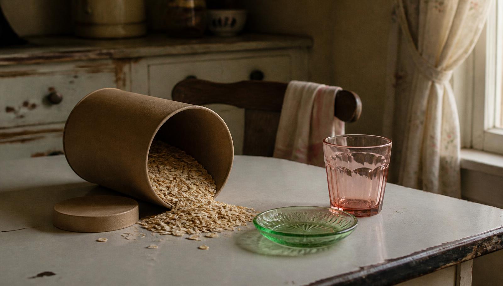 A cardboard oats carton tipped over on a worn enamel kitchen table with oats spilling out beside a small pressed green glass dish and a pink tumbler, warm window light