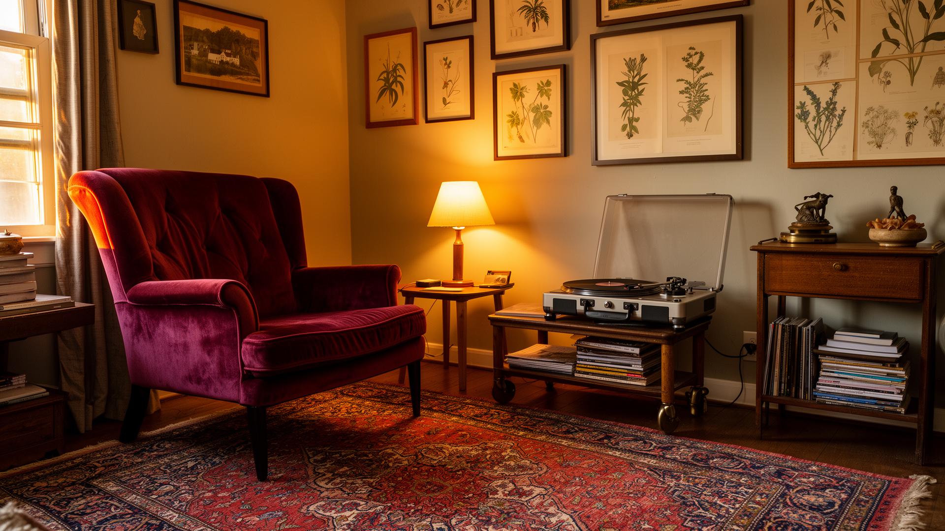 A cozy, characterful short-term rental furnished with eclectic estate-sale finds: a velvet armchair, vintage rug, record player, and framed botanical prints under warm lamplight