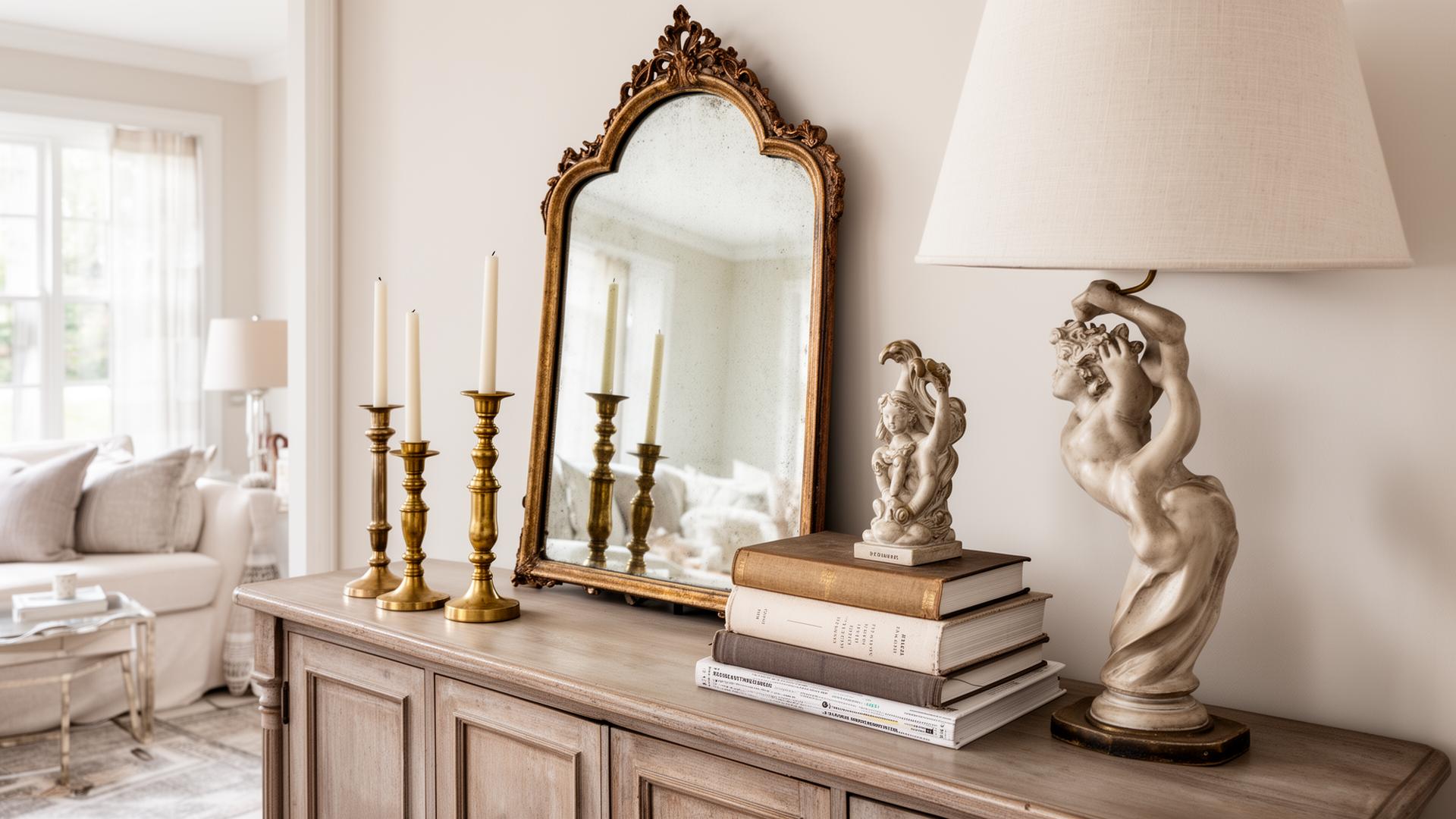 A console table styled with brass candlesticks, stacked vintage books, a gilt mirror, and a sculptural lamp — classic designer layering from estate sale finds
