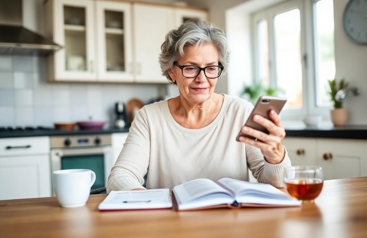 A senior woman sitting at her kitchen table with a smartphone, a notepad, and a cup of tea, calmly comparing her options
