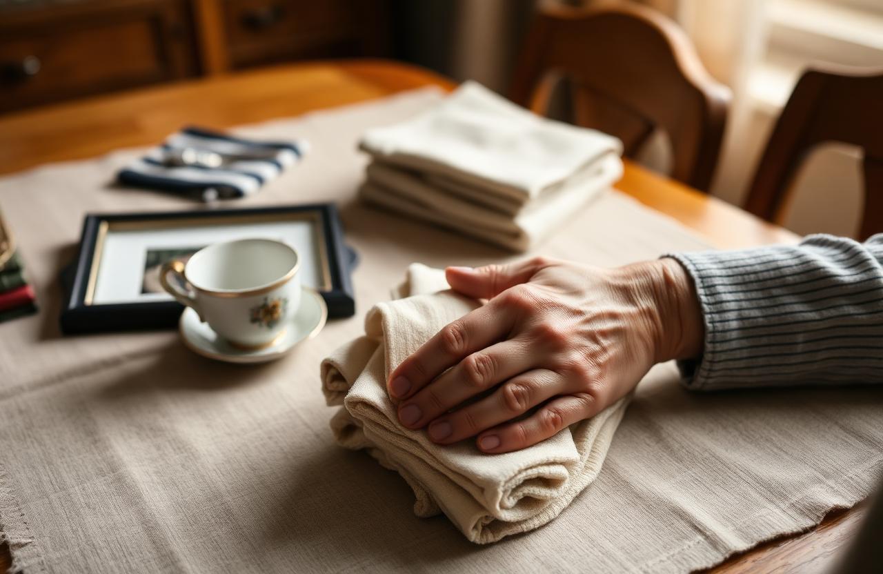 Older adult hands gently sorting cherished items on a dining table — a teacup, a framed photo, a folded stack of linens — deciding what to keep