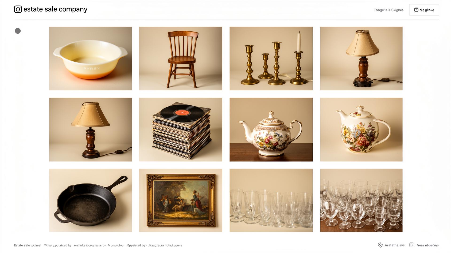 A grid of Instagram posts from an estate sale company showing a consistent style: individual item photos with clean backgrounds, close-up detail shots, and video previews of staging days.