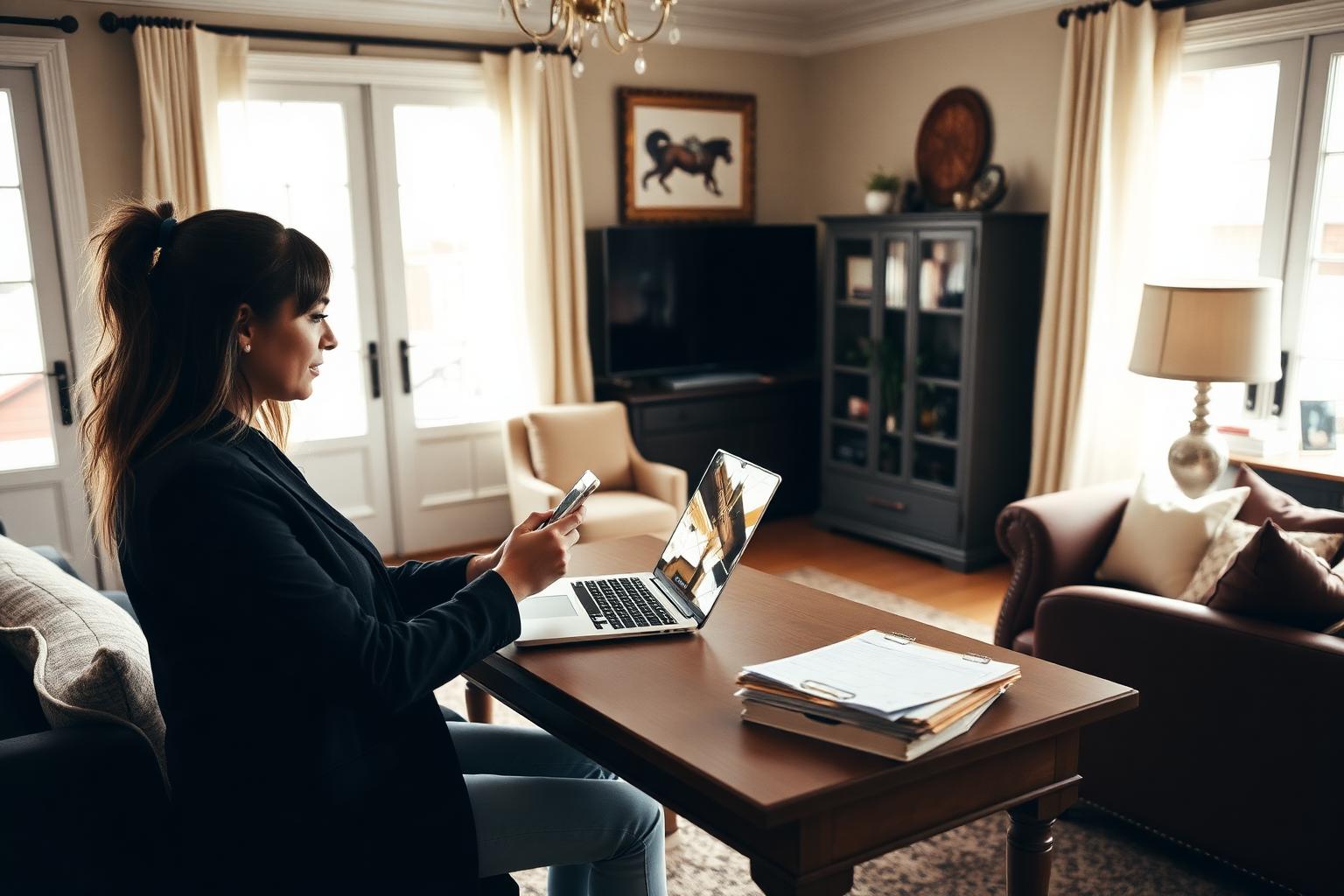 A young estate sale professional working confidently on a laptop and phone at a tidy desk inside a beautifully staged estate sale living room
