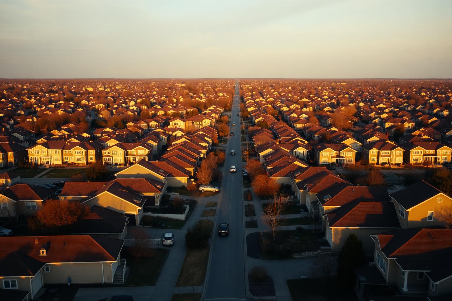 An aerial view of a vast suburban neighborhood at golden hour, rows of family homes stretching to the horizon