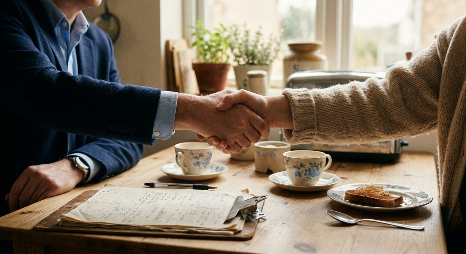A pair of older hands holding an estate sale contract on a polished walnut table beside reading glasses