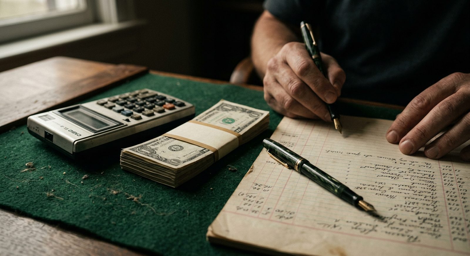 Vintage calculator on a green felt desk pad next to a stack of cash and a fountain pen