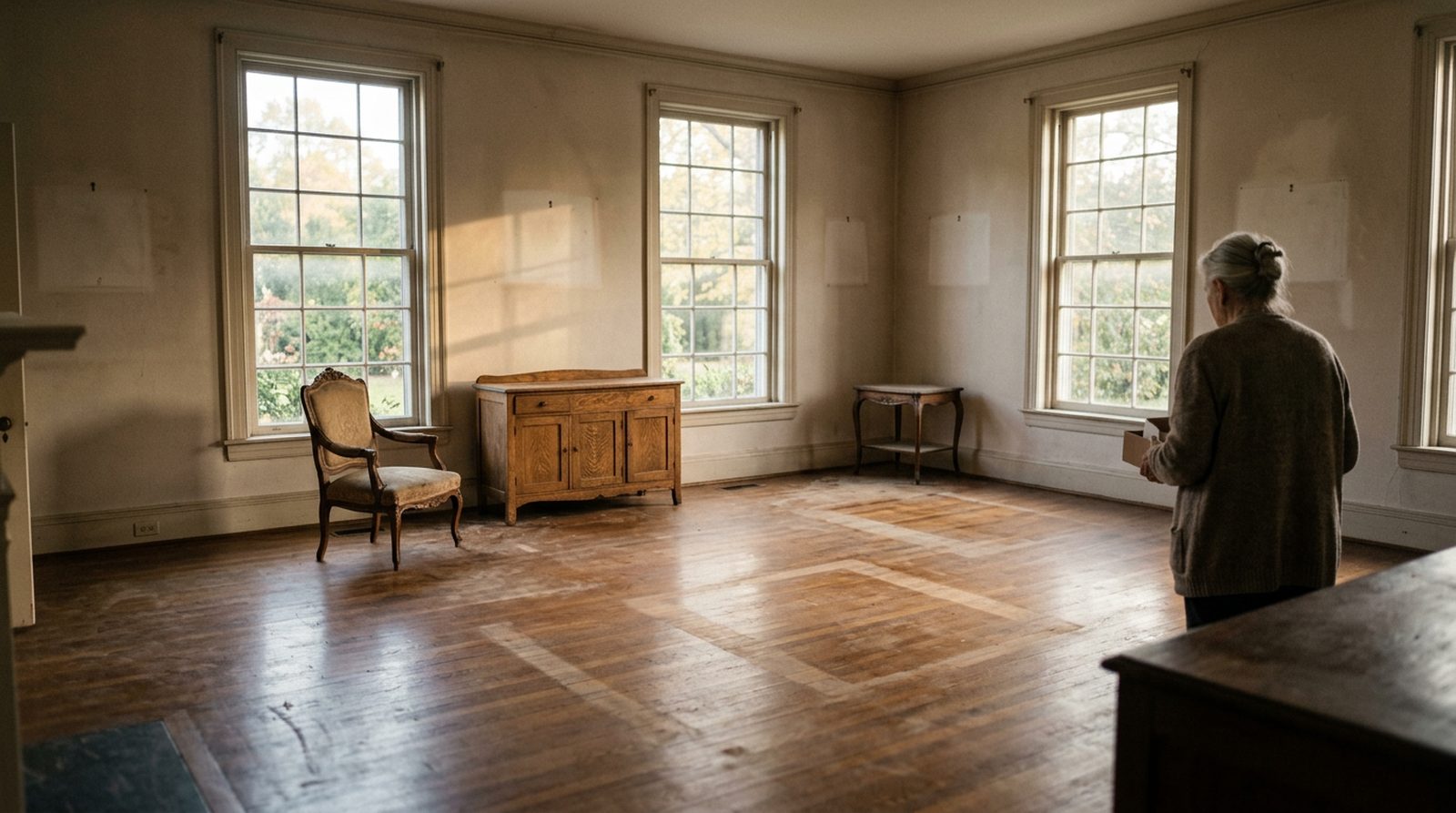 A mostly emptied living room after an estate sale, sun streaming through bare windows