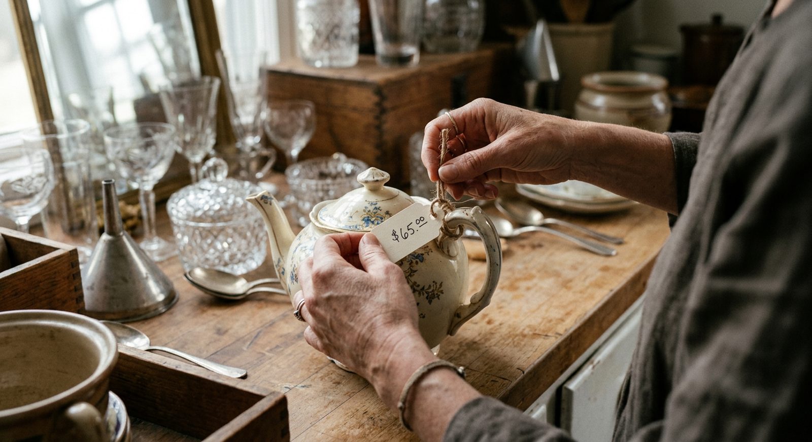Hands tying a price tag with twine to a porcelain teapot on a counter full of glassware