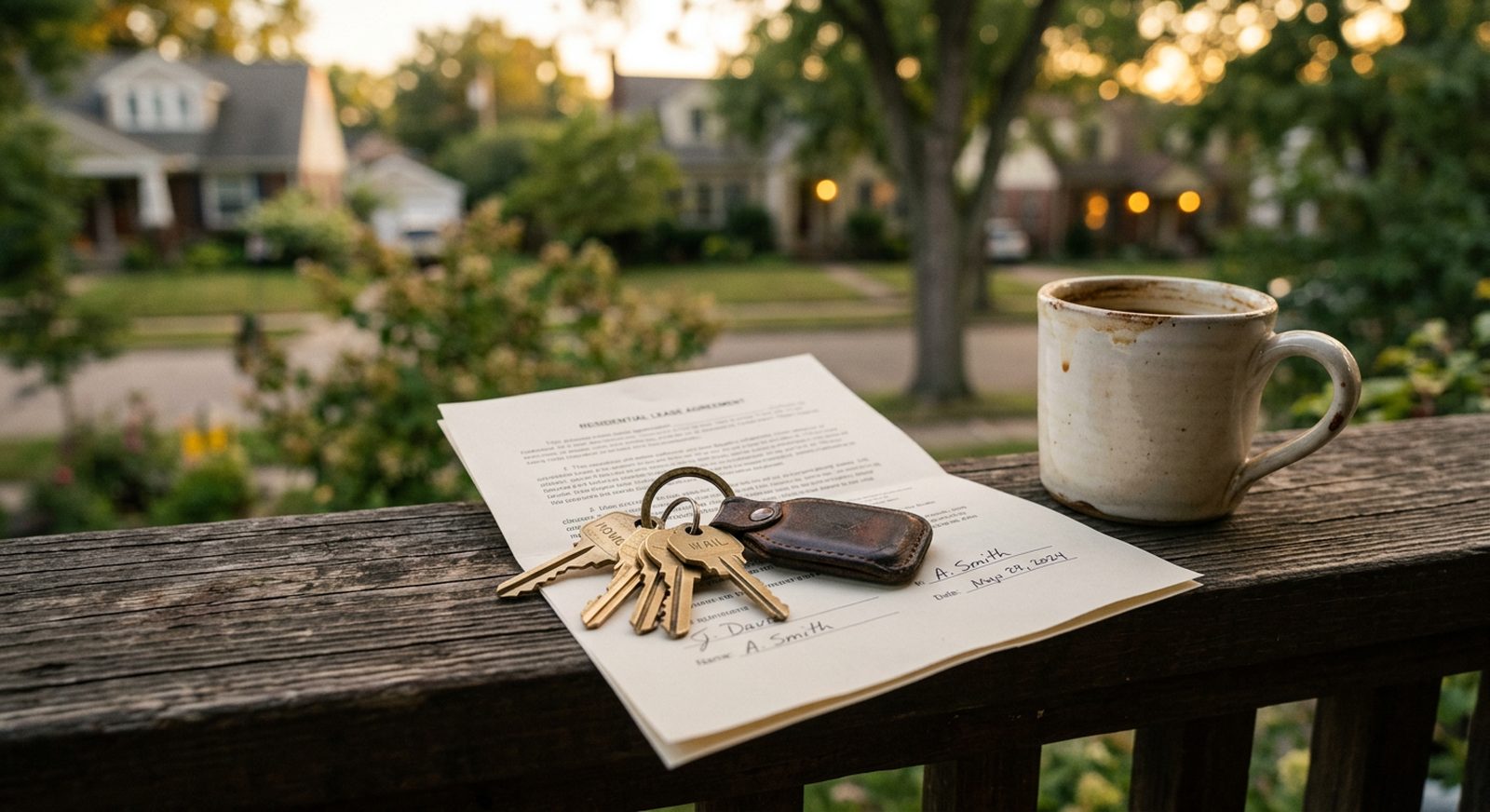 A set of brass keys on a leather keyring resting on a folded contract on a porch railing at golden hour